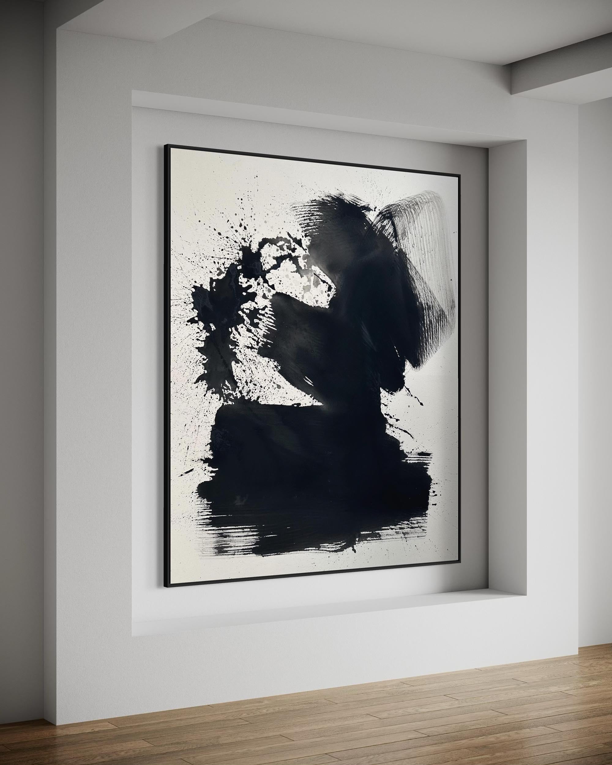 Abstract black and white painting in a modern room with wooden floor and white walls