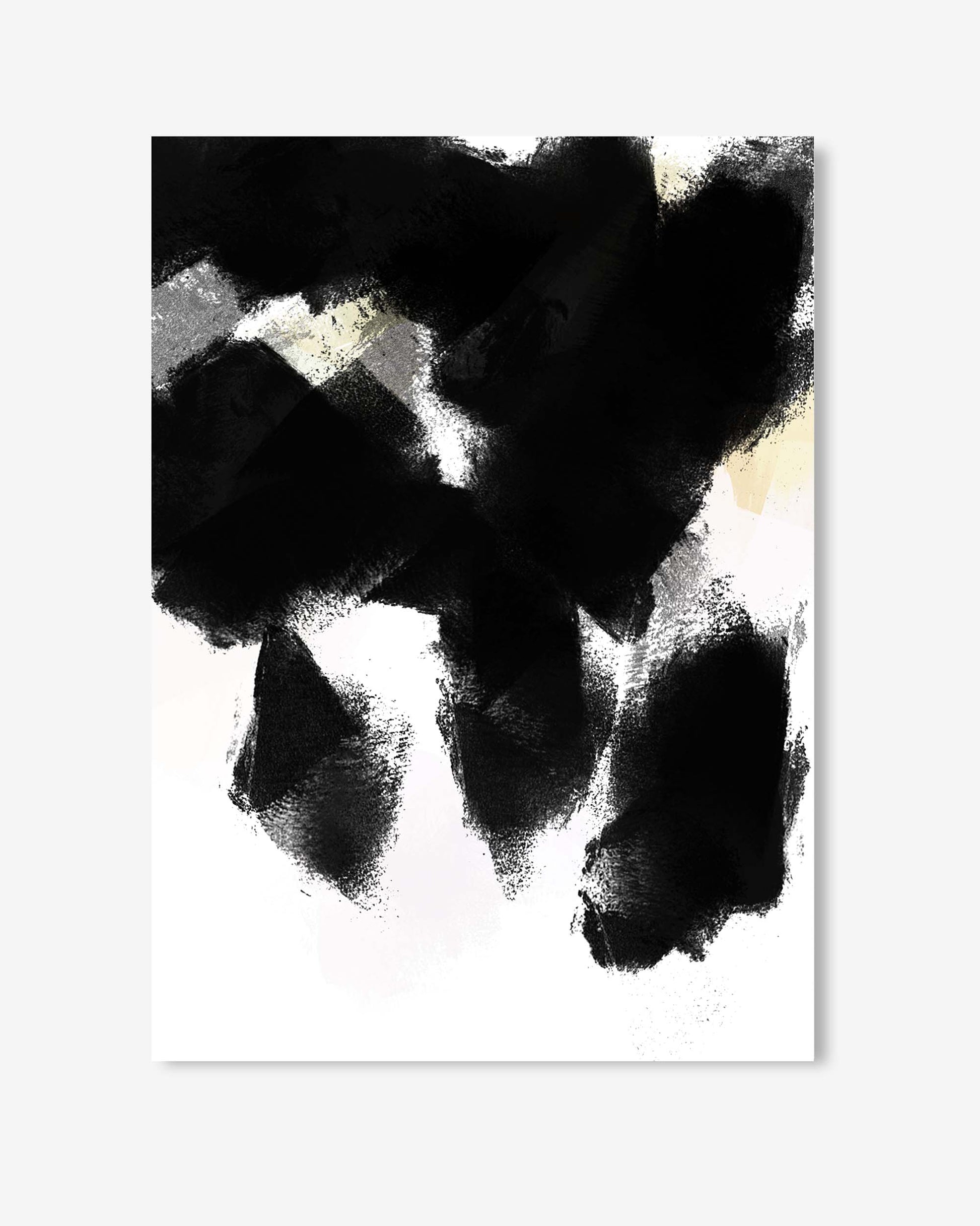 Abstract art print with black and white brush strokes on a white background