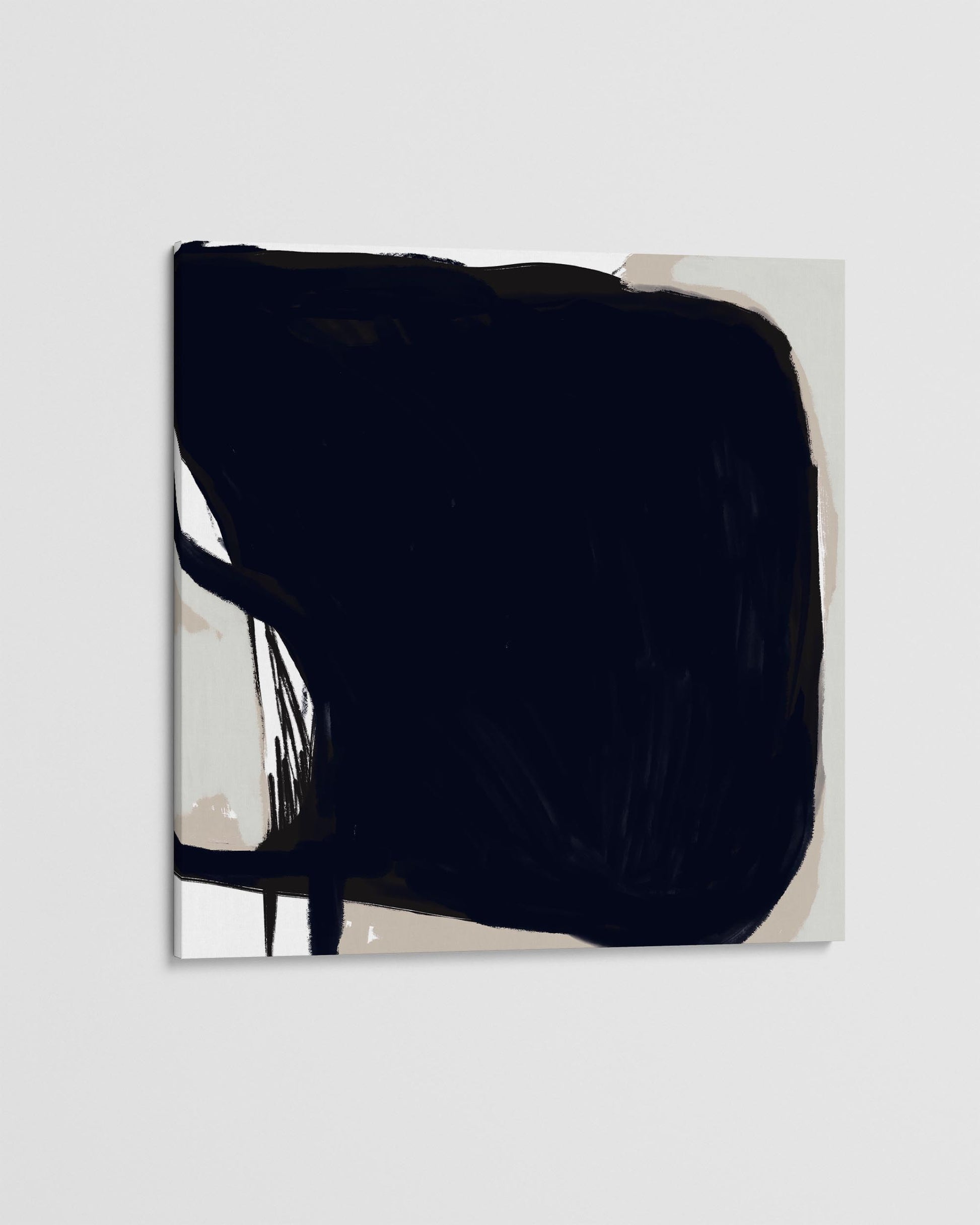Abstract art piece with a large black shape on a light gray background