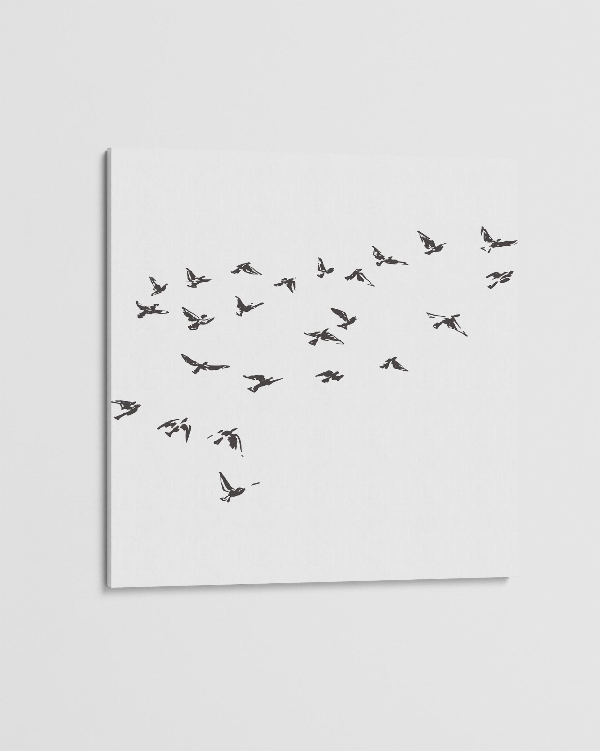 Framed artwork of a flock of birds on a white background
