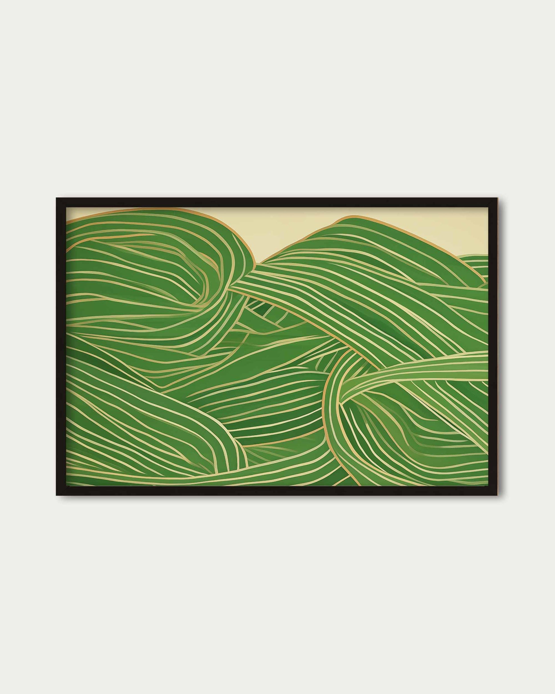 Framed artwork with green abstract design on a beige background