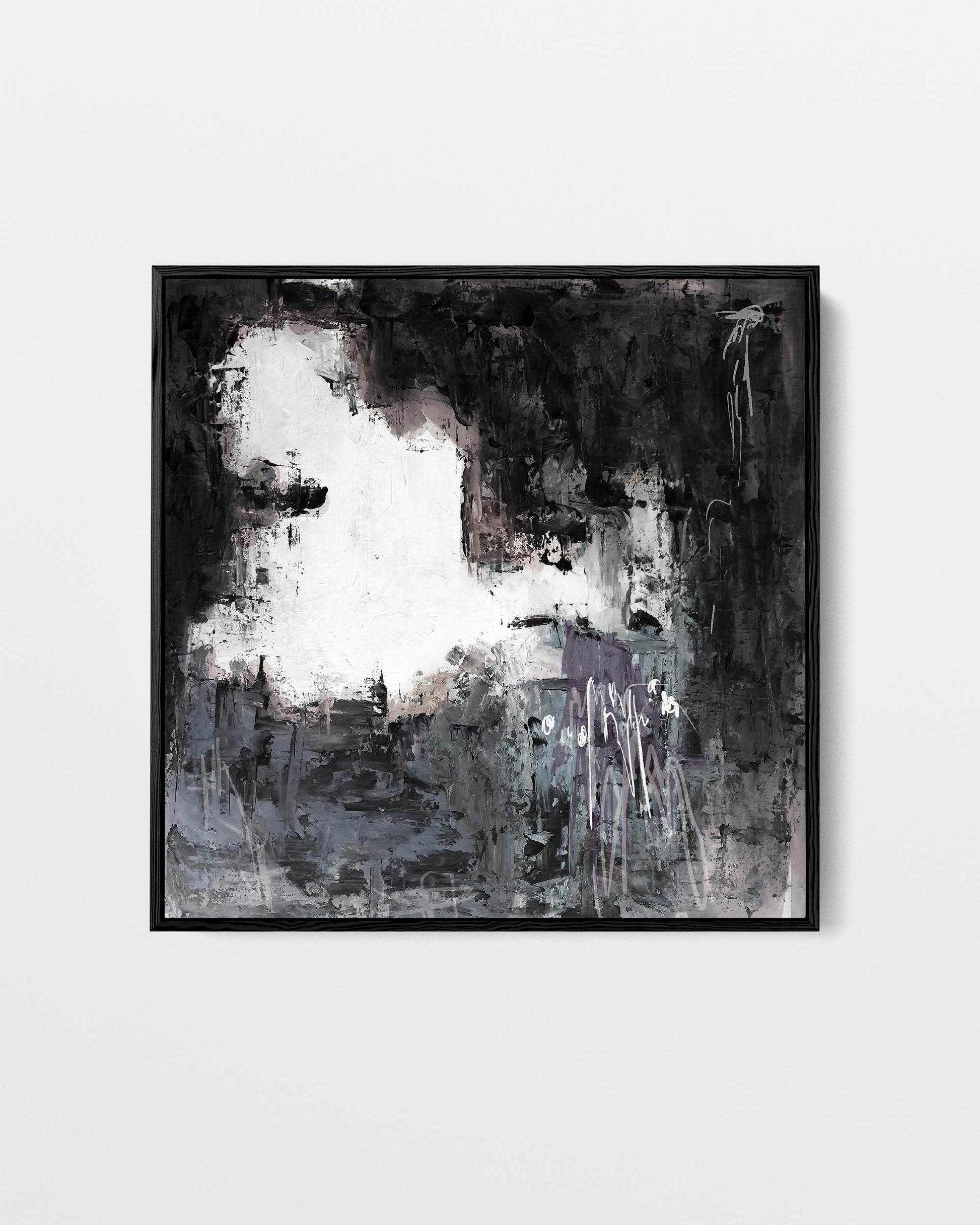 Abstract black and white painting in a black frame on a light gray background