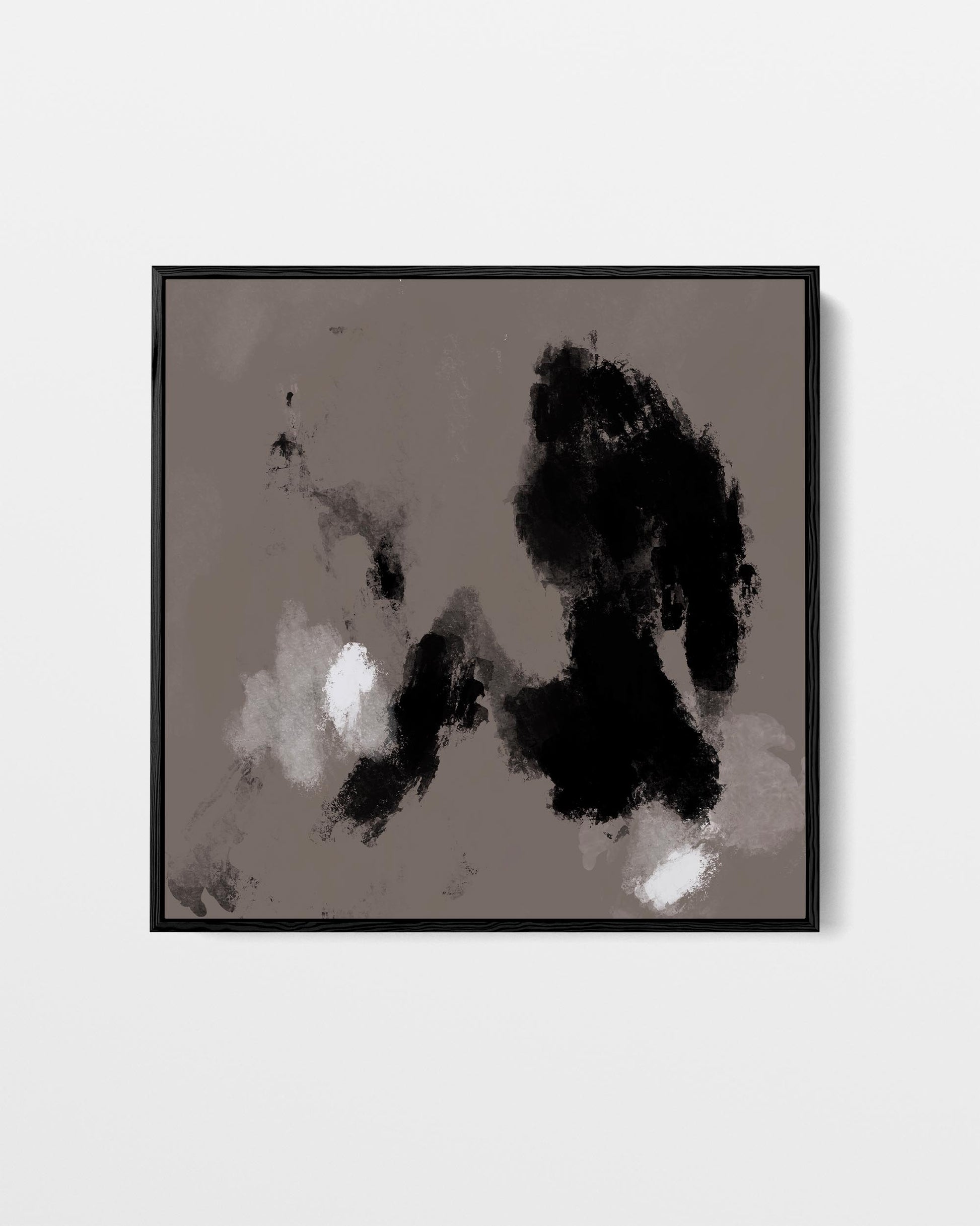 Abstract art print with black and white shapes on a gray background