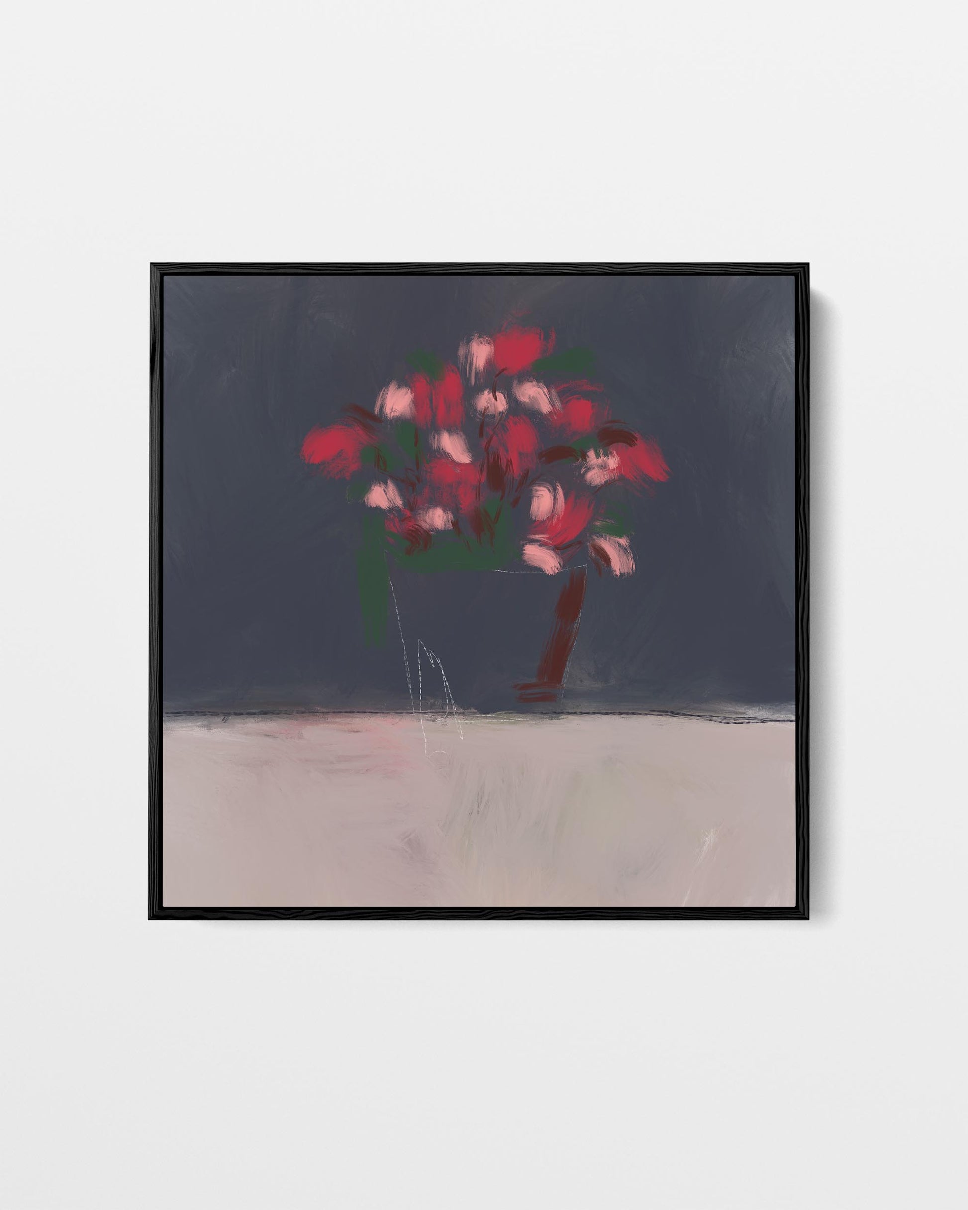 Framed artwork of a stylized tree with pink flowers on a plain background