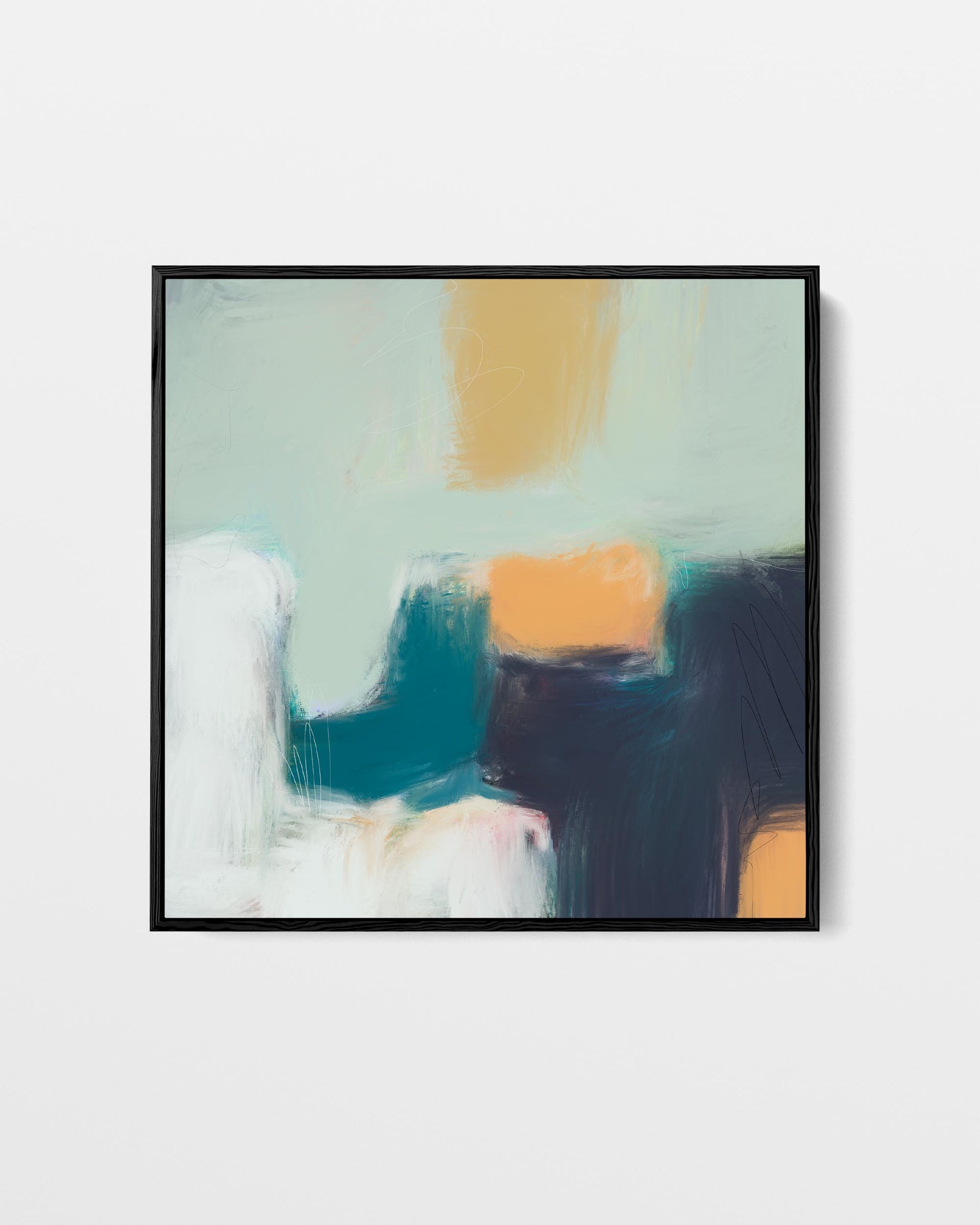 Abstract painting with geometric shapes on a white wall