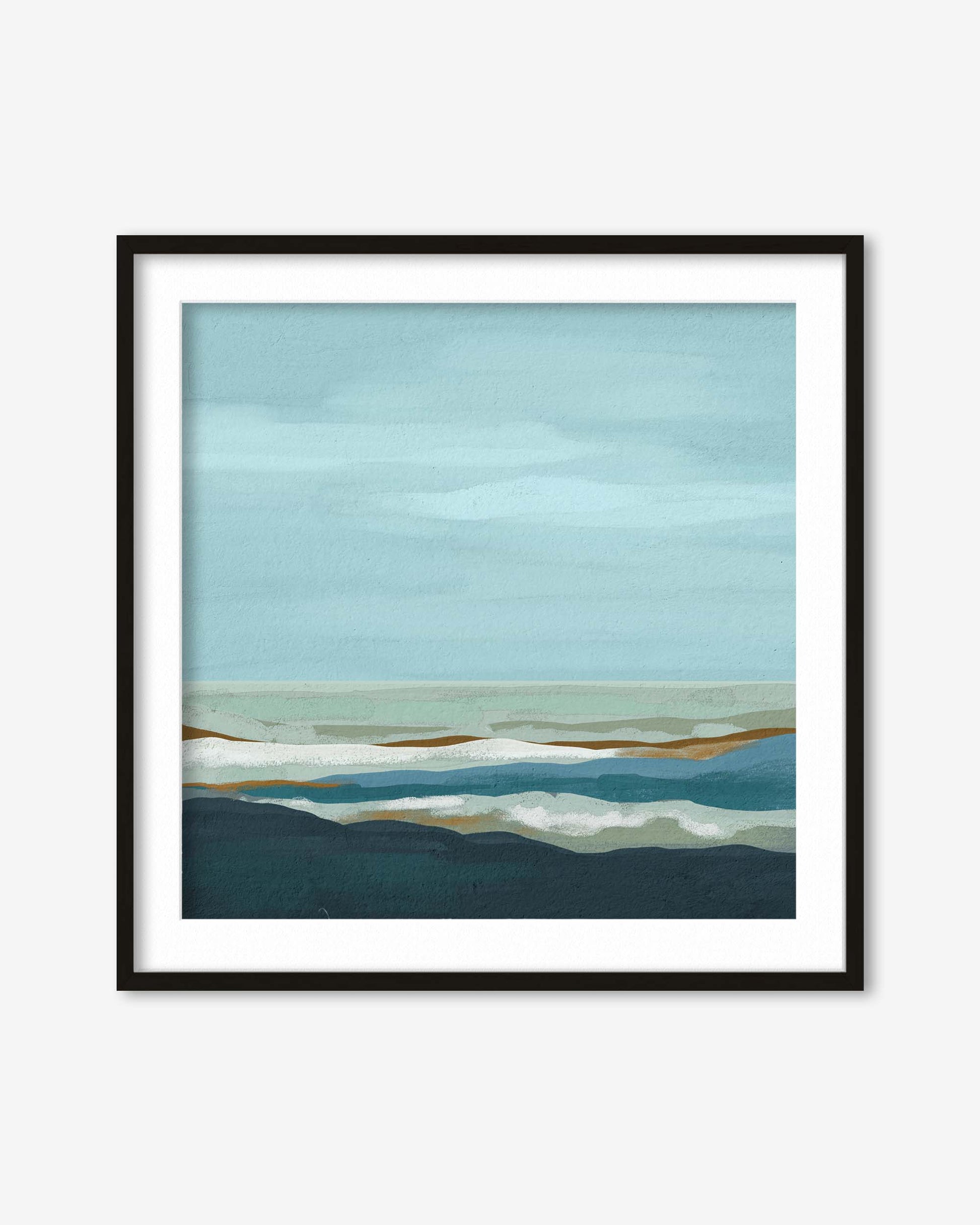 Framed abstract artwork with a blue and green color scheme on a white background