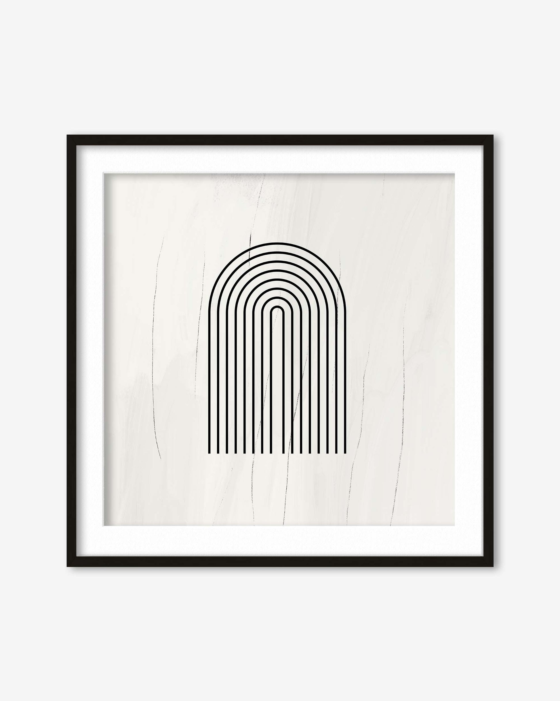 Framed artwork with a black arch design on a white background