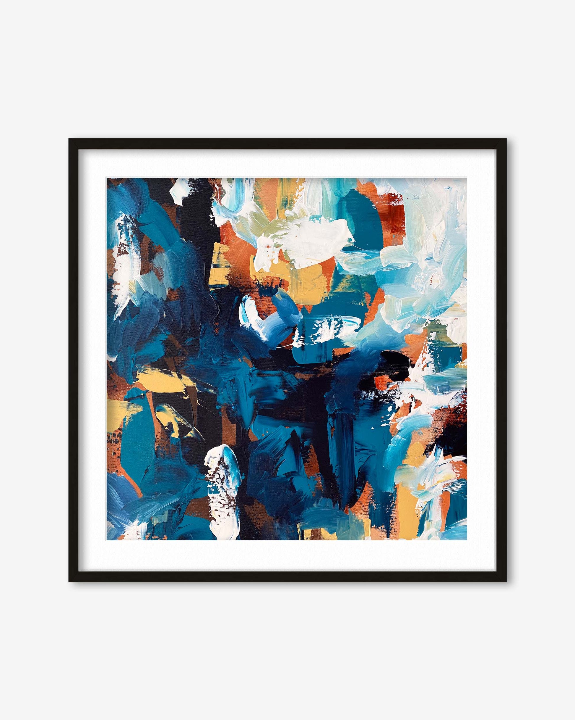 Framed abstract art with blue, orange, and white colors on a white background