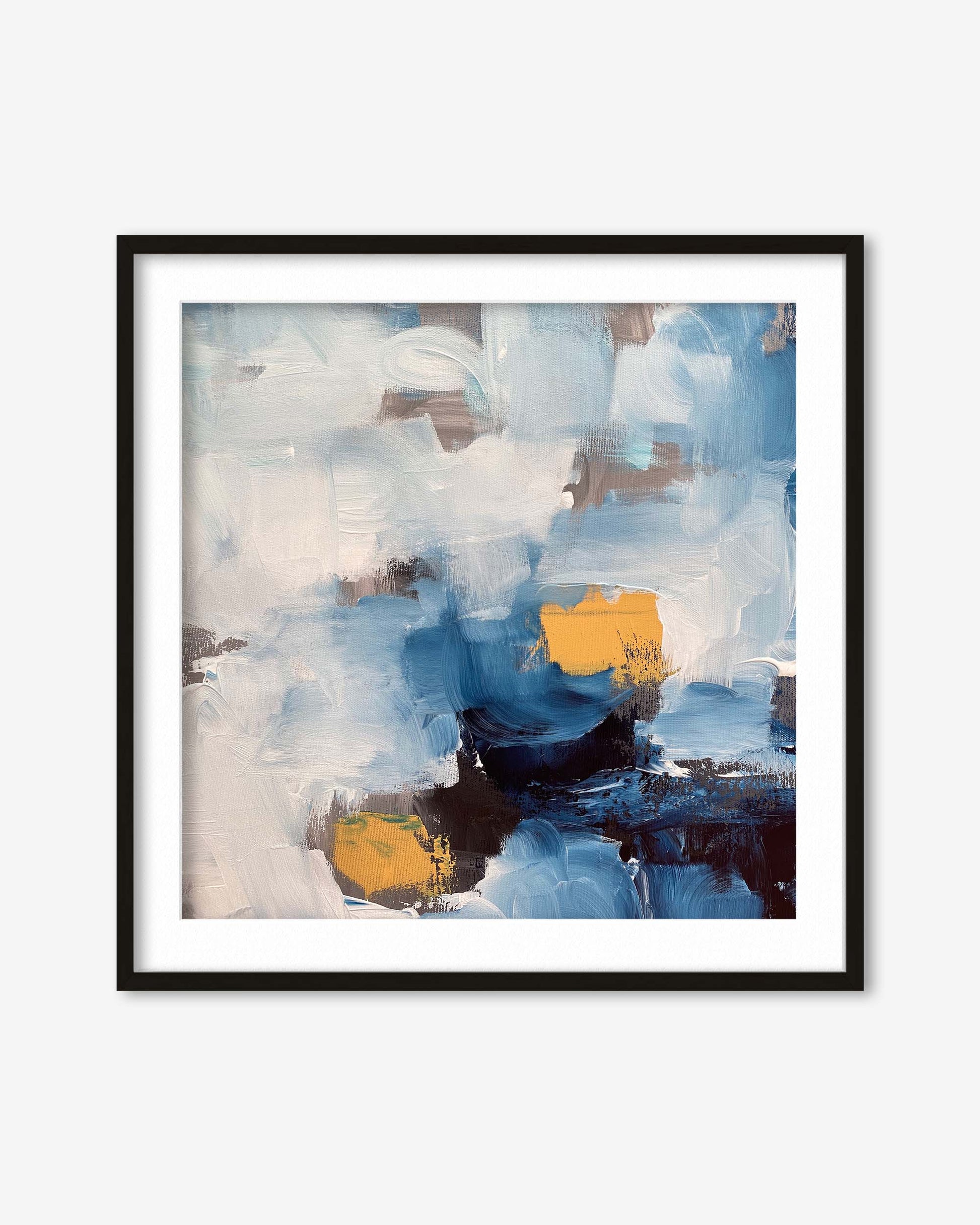 Framed abstract art print with blue, white, and yellow colors on a white background