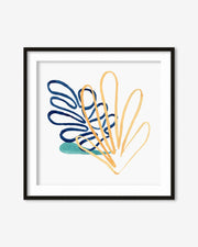Framed abstract art print with blue and yellow shapes on a white background