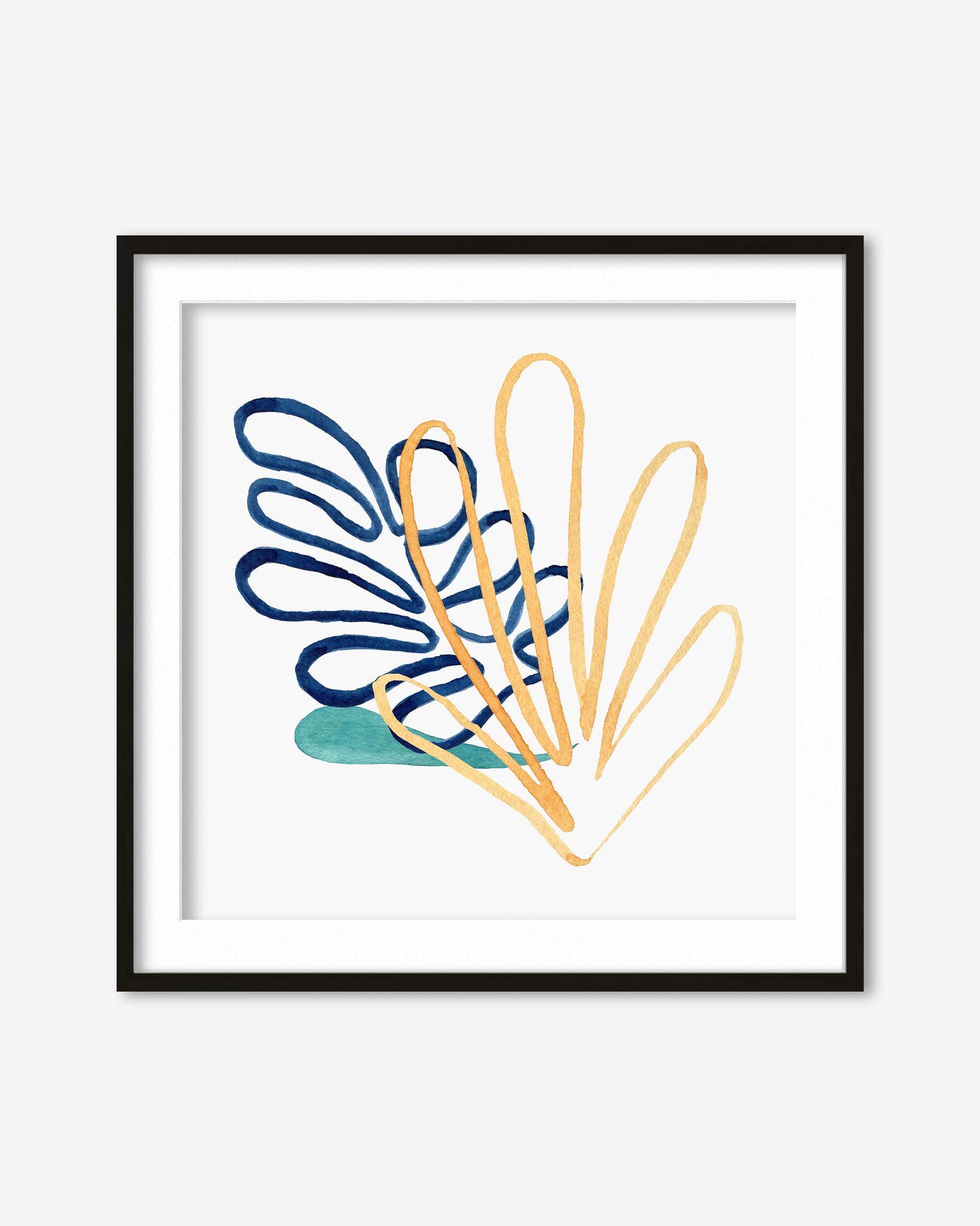Framed abstract art print with blue and yellow shapes on a white background