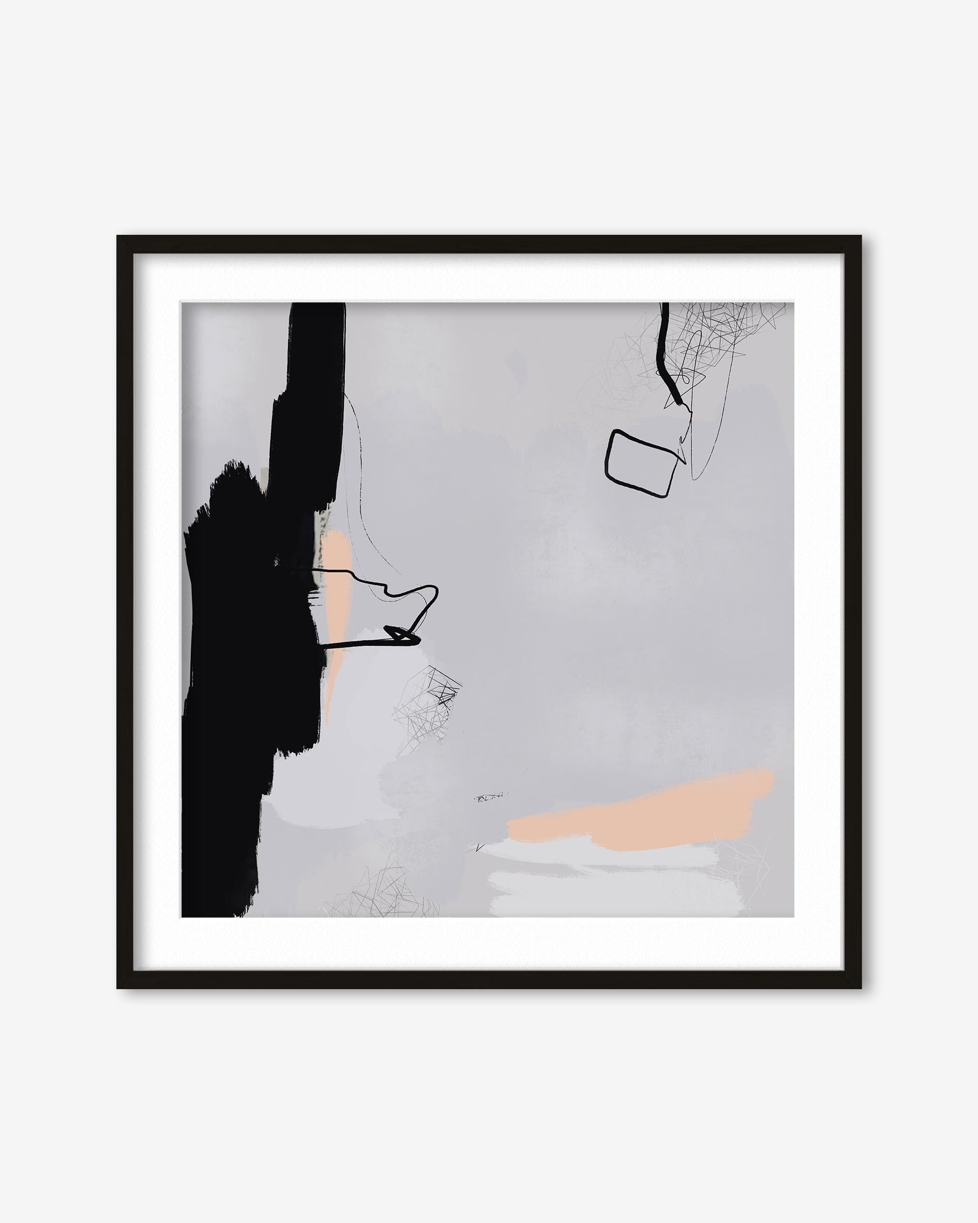 Framed abstract art print with black, white, and pink elements on a light gray background.