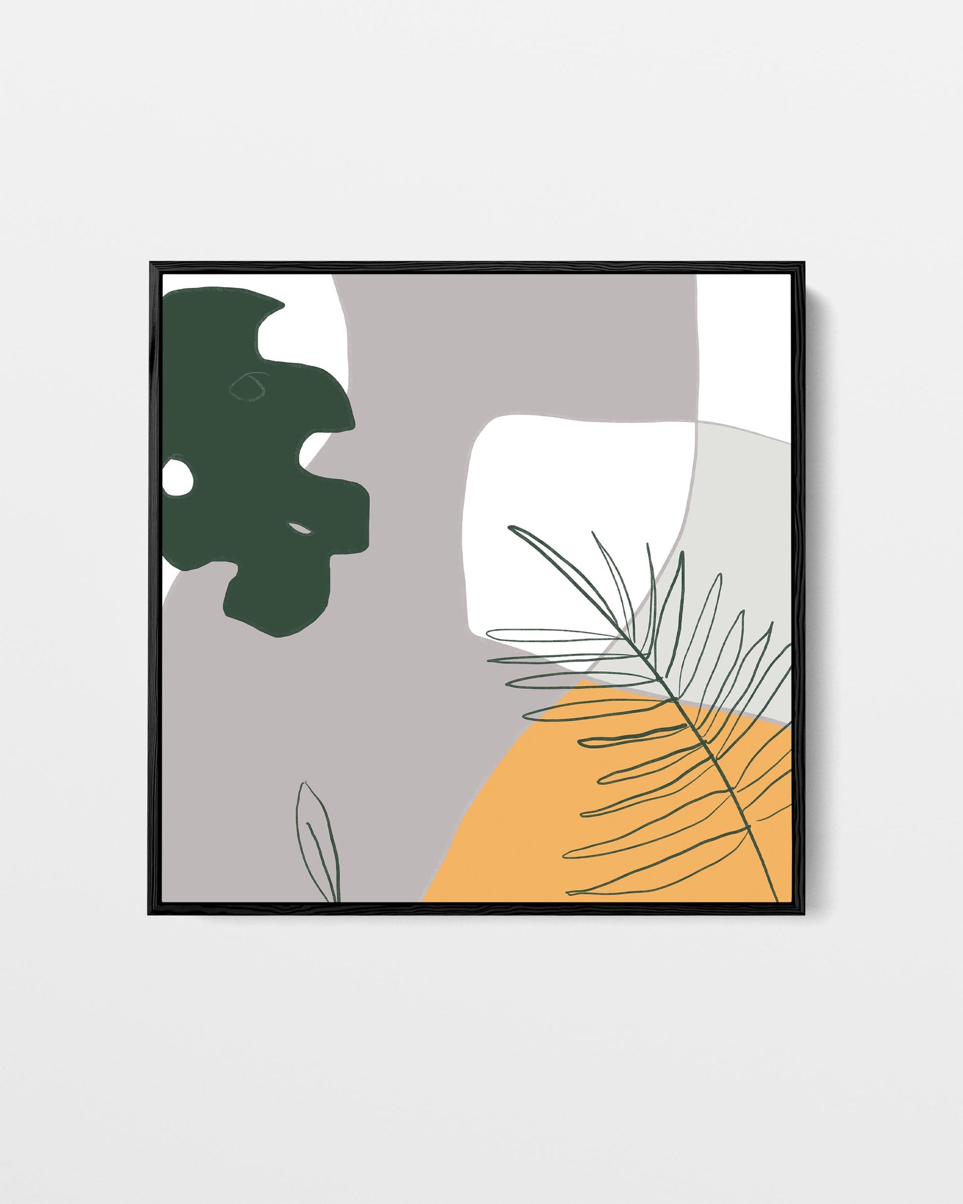Framed artwork with abstract plant leaves on a gray and orange background