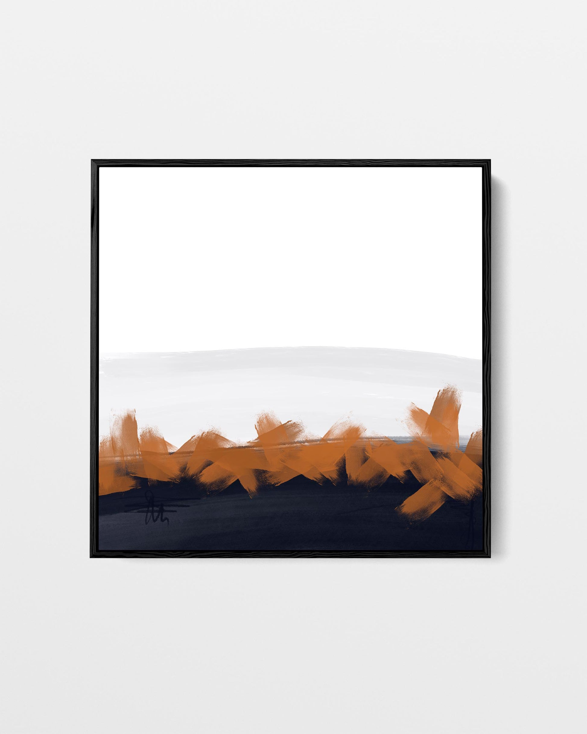 Framed abstract art with orange and black brush strokes on a white background