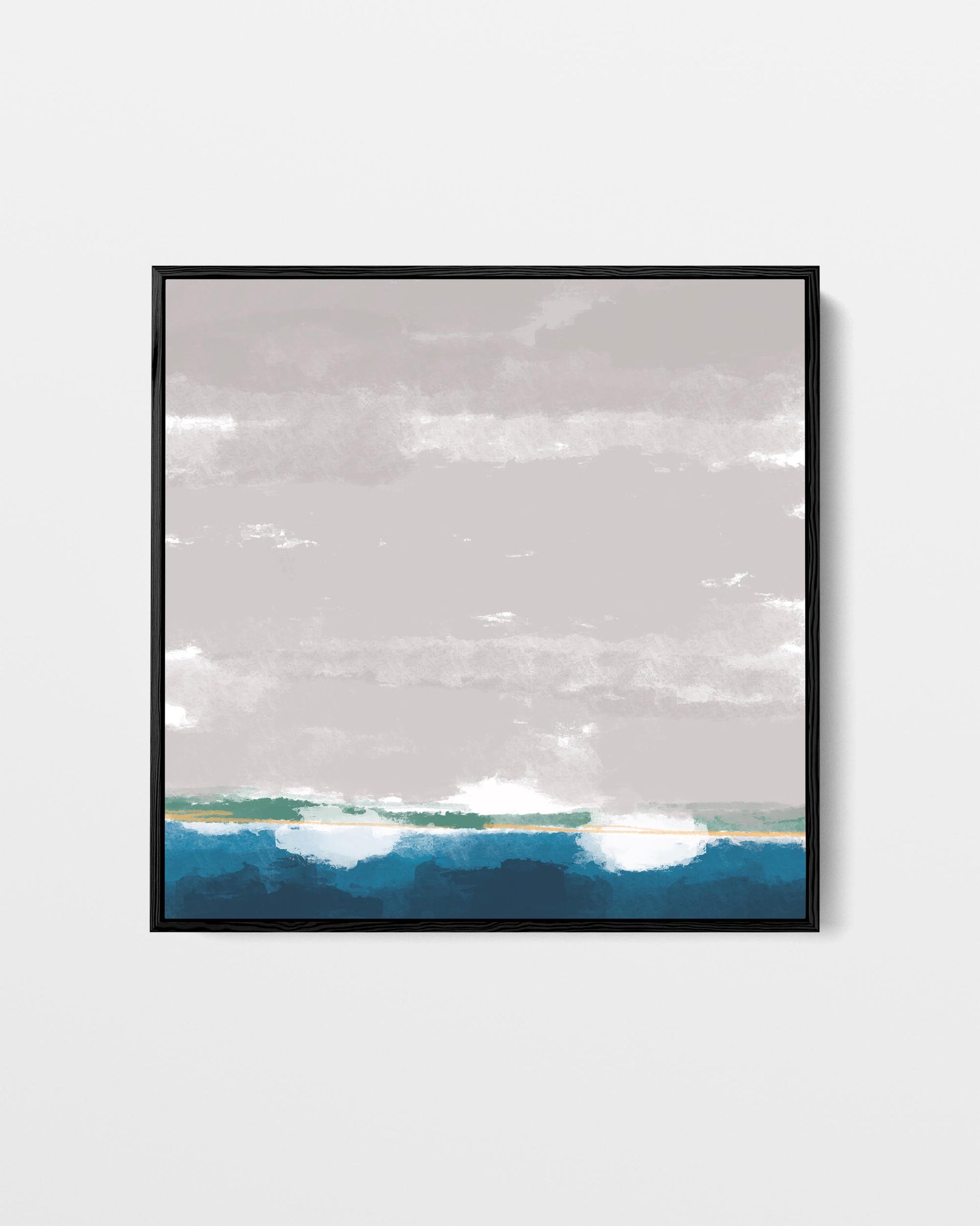 Framed artwork of a landscape with mountains and water on a light gray background