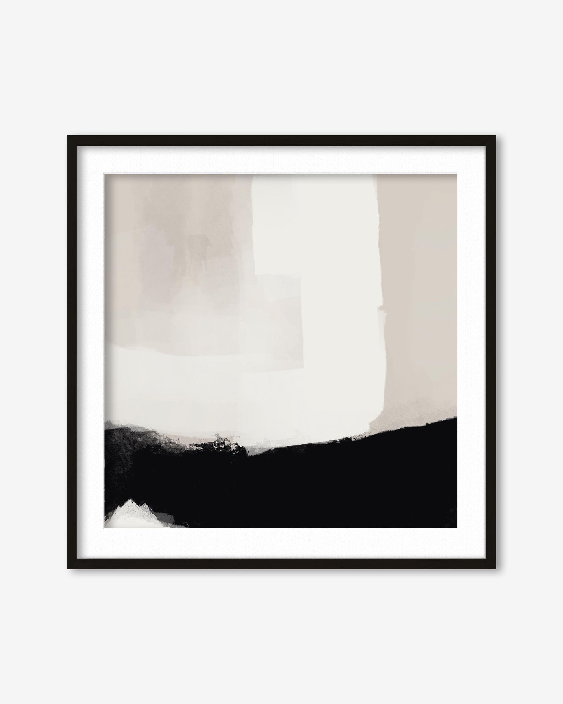 Framed abstract art print with black, white, and gray colors on a white background