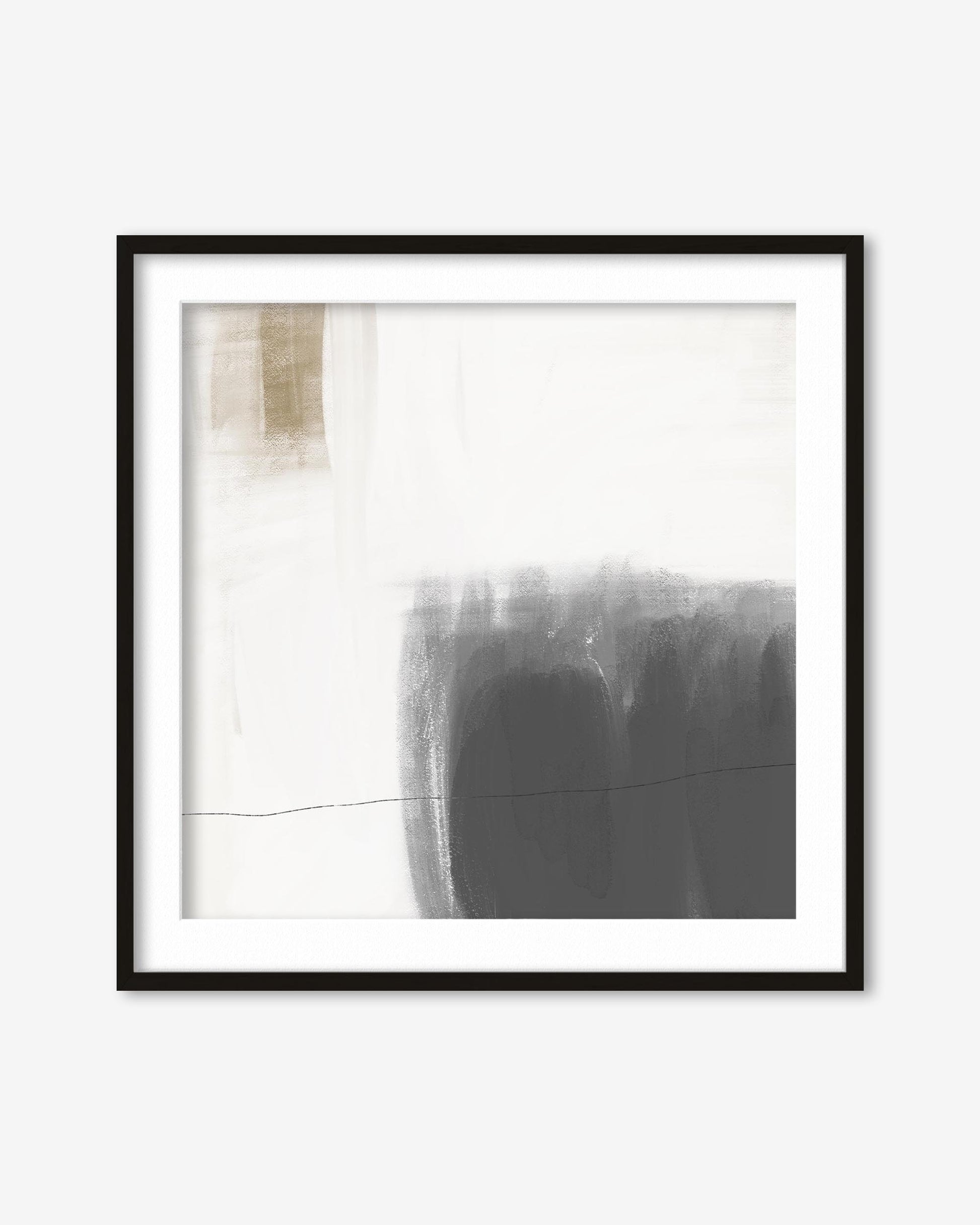 Framed black and white abstract art piece on a white wall