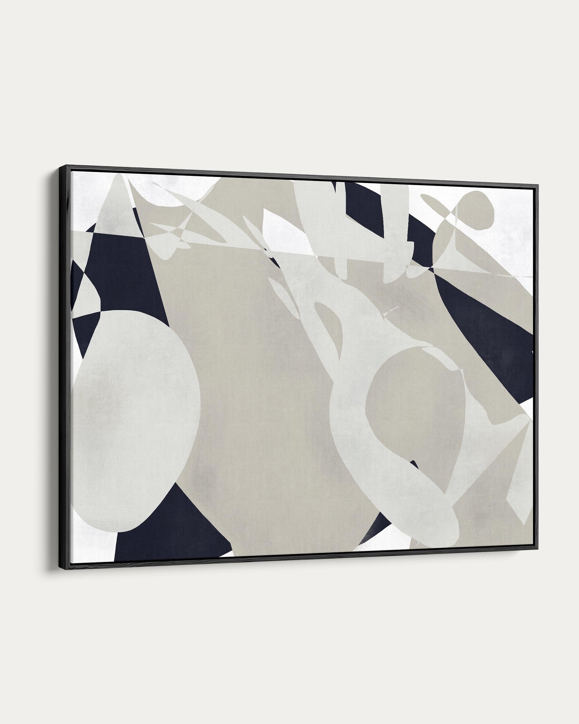 Abstract art piece with geometric shapes in black, white, and gray on a white background