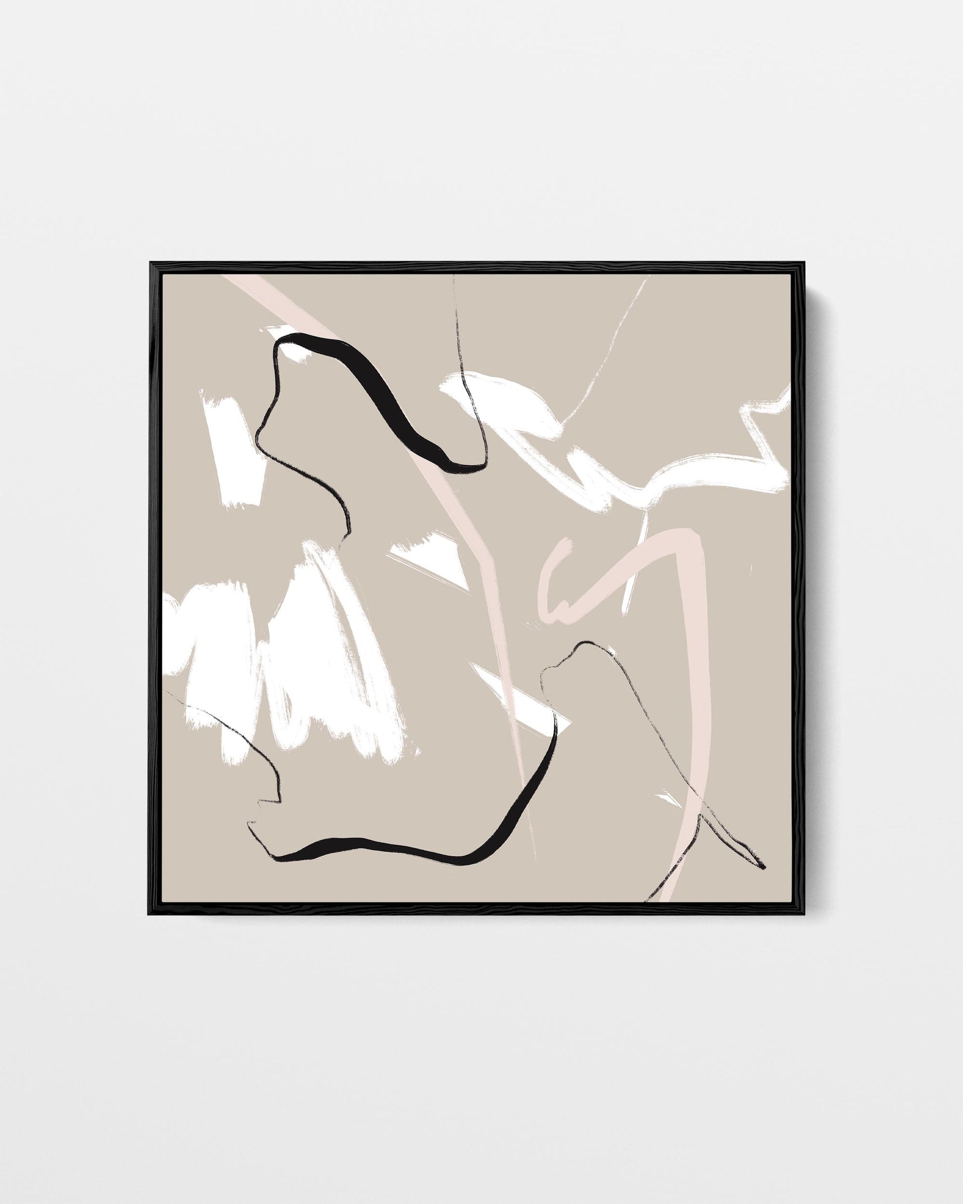 Abstract art print with black, white, and beige shapes on a beige background