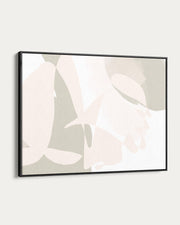 Framed abstract art print with soft pink and beige colors on a light gray background