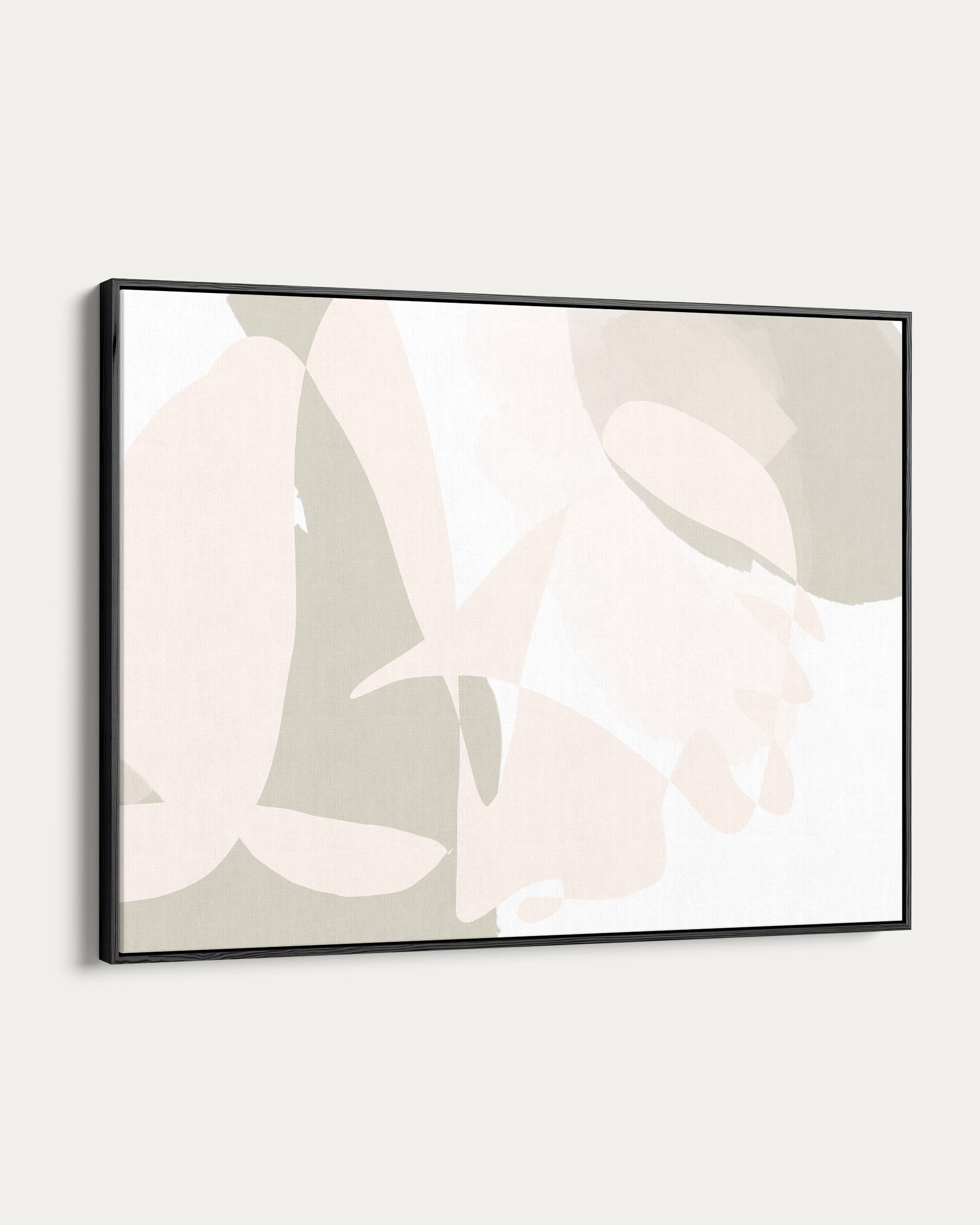 Framed abstract art print with soft pink and beige colors on a light gray background