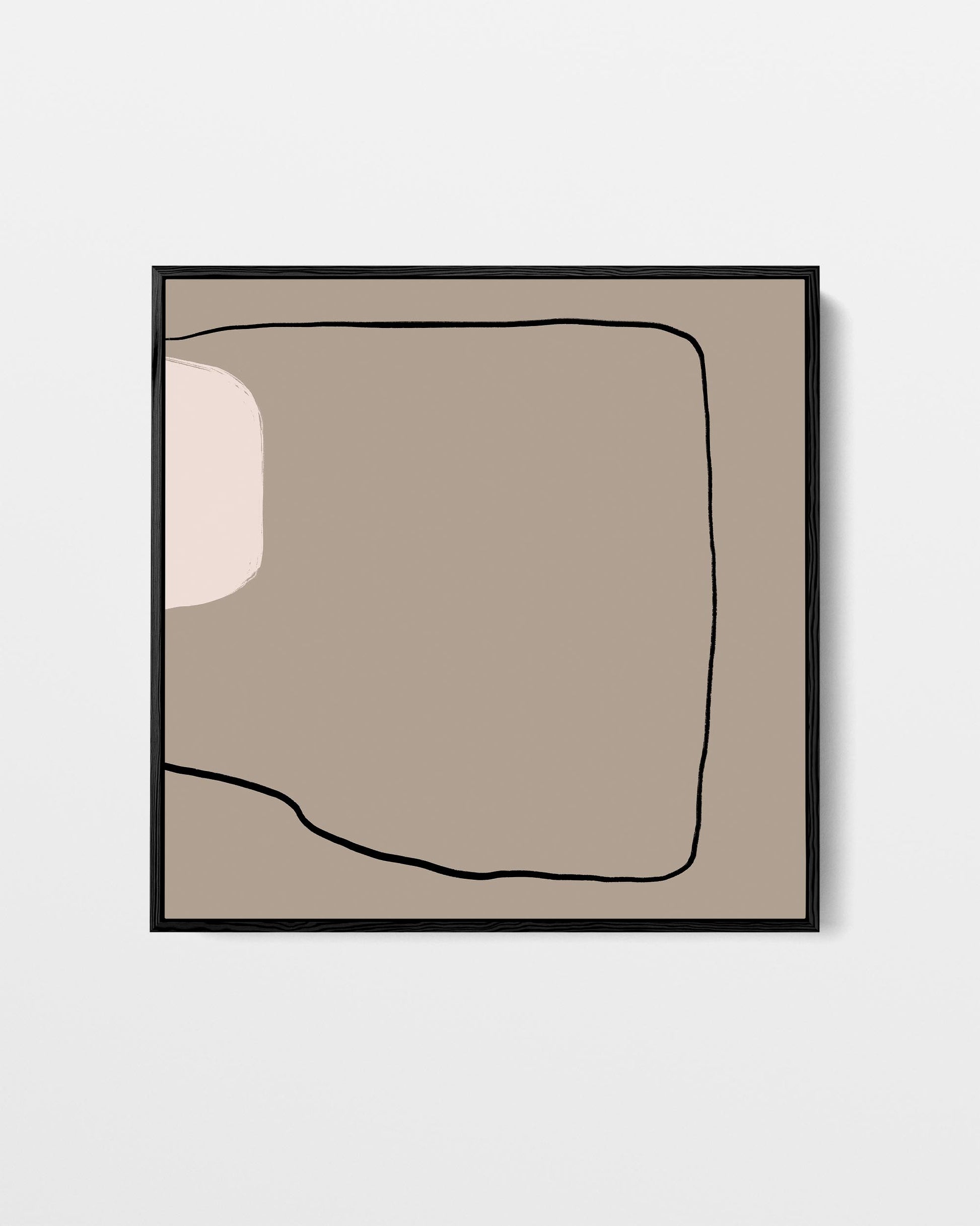 Framed abstract art piece with a black line design on a beige background
