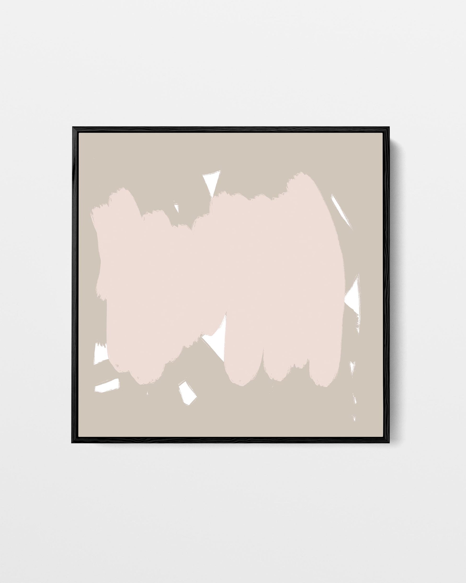 Framed abstract art print with pink brushstroke design on a beige background