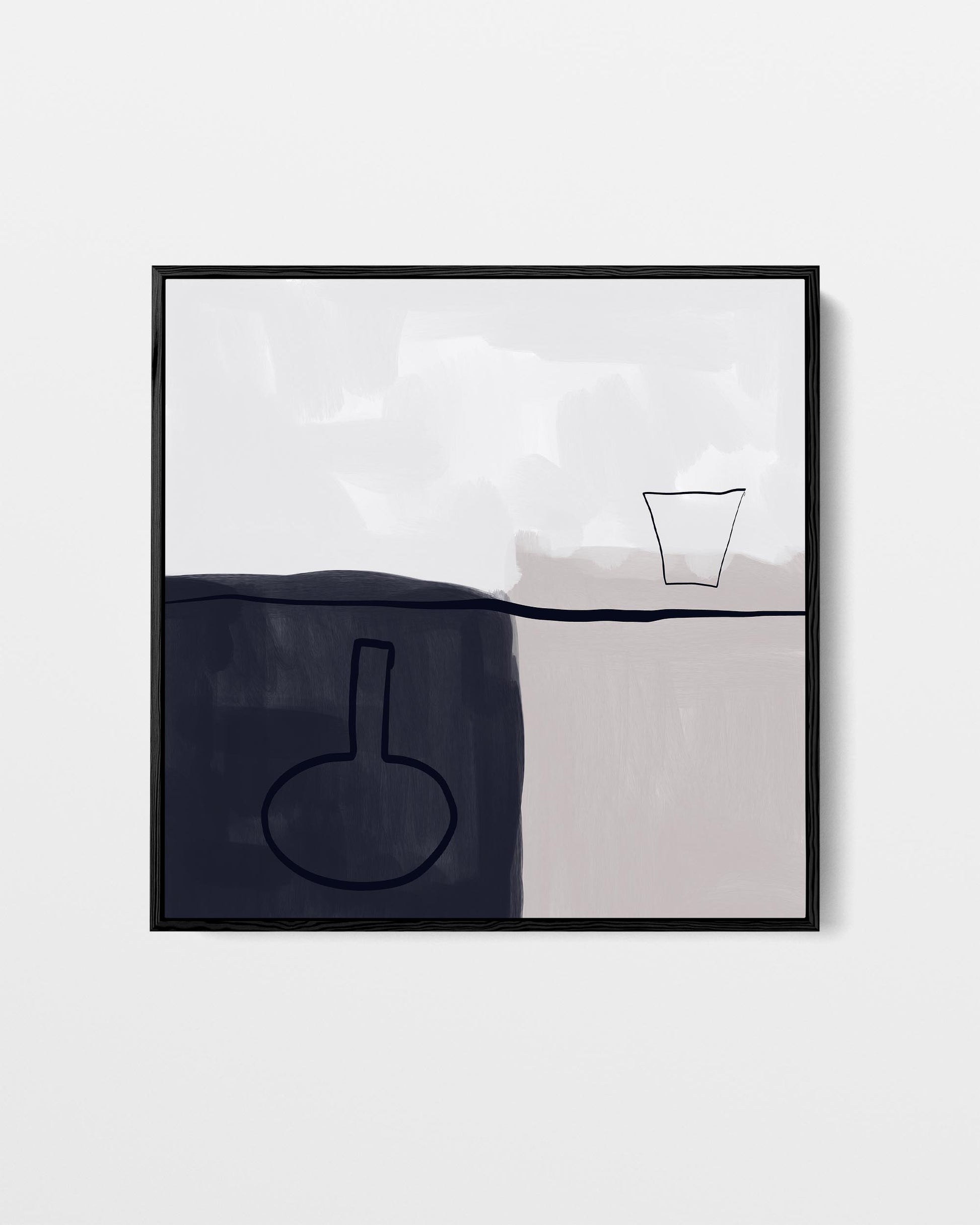 Framed abstract artwork with two geometric shapes on a white background