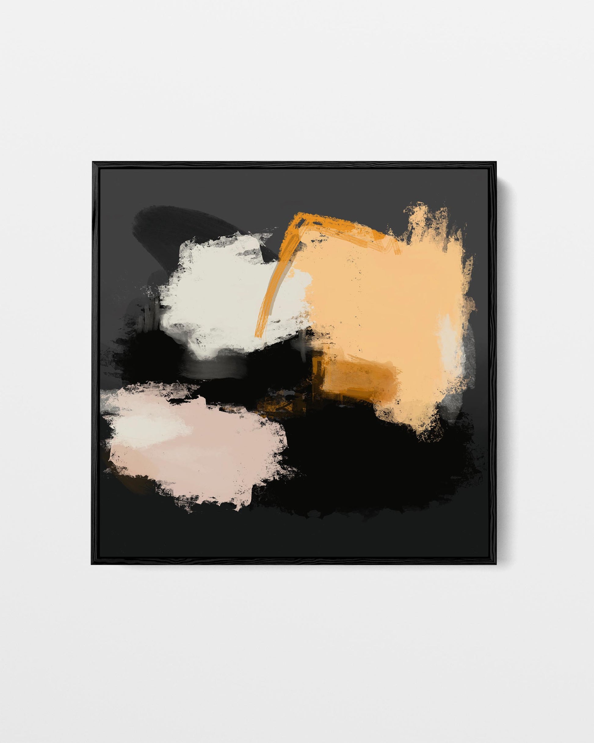 Abstract art print with black, orange, and white colors on a black frame.