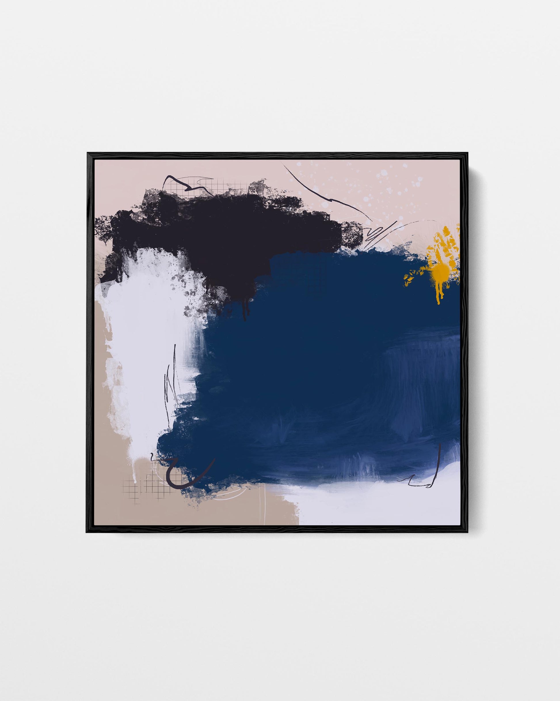 Abstract art print with blue, black, and yellow on a beige background