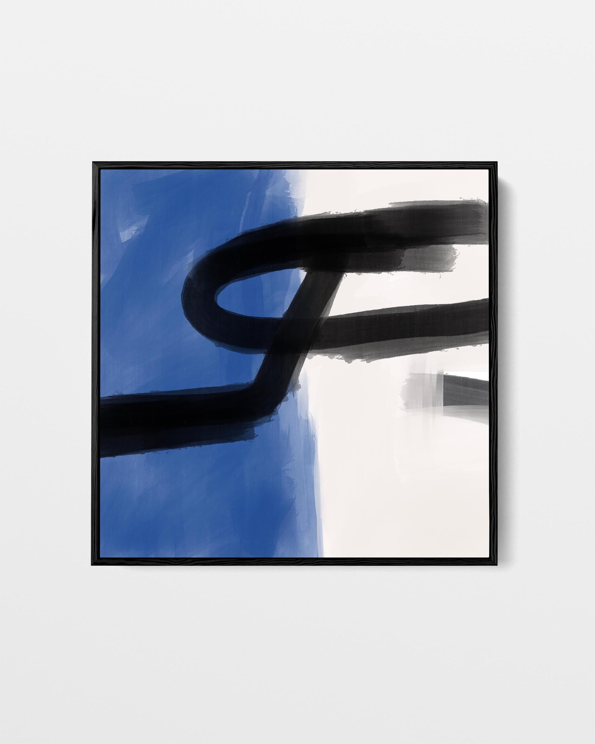Framed abstract artwork with black brushstroke against a blue background