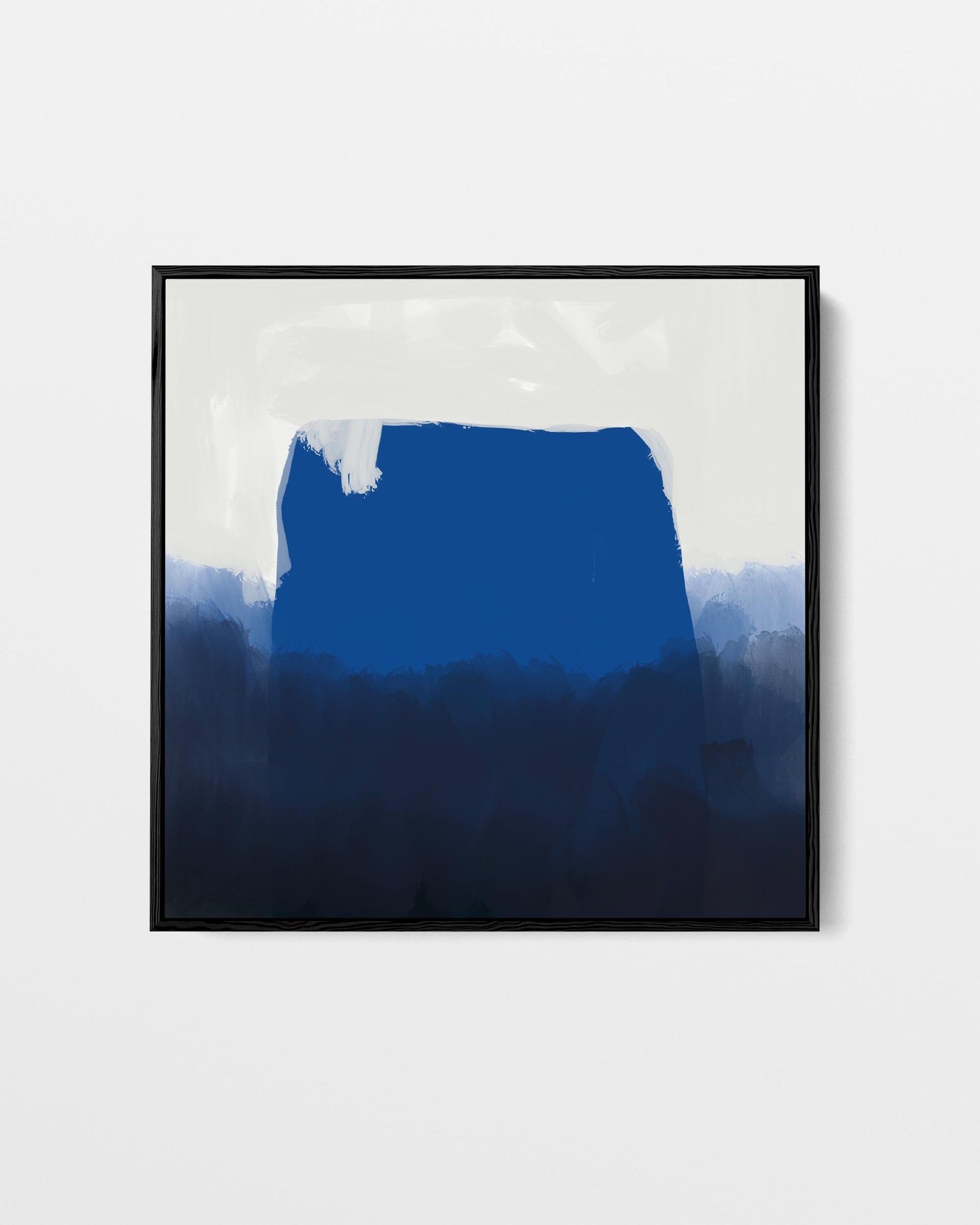 Abstract art print with a blue and black gradient in a black frame on a white background