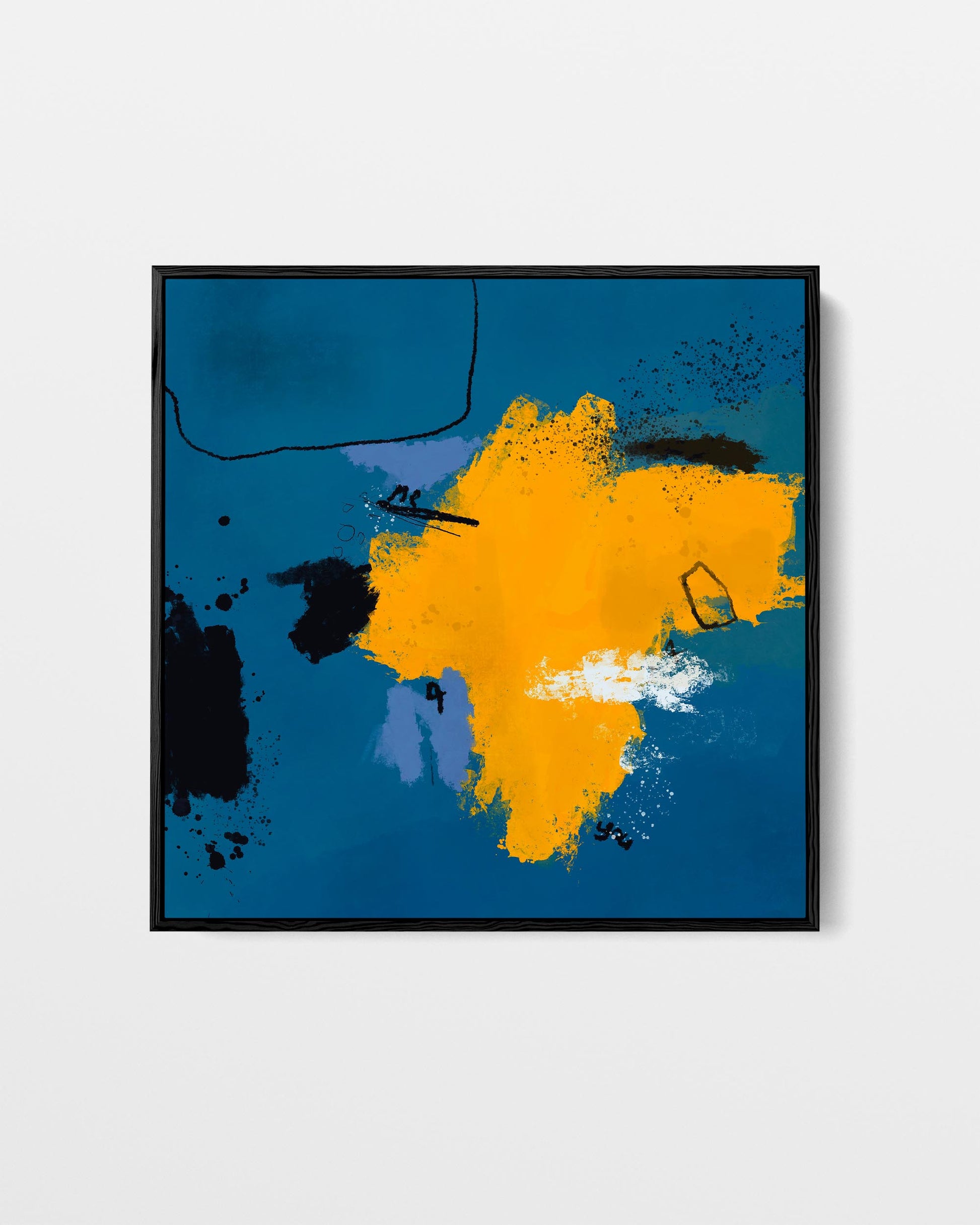 Abstract art print with orange and blue colors on a white background