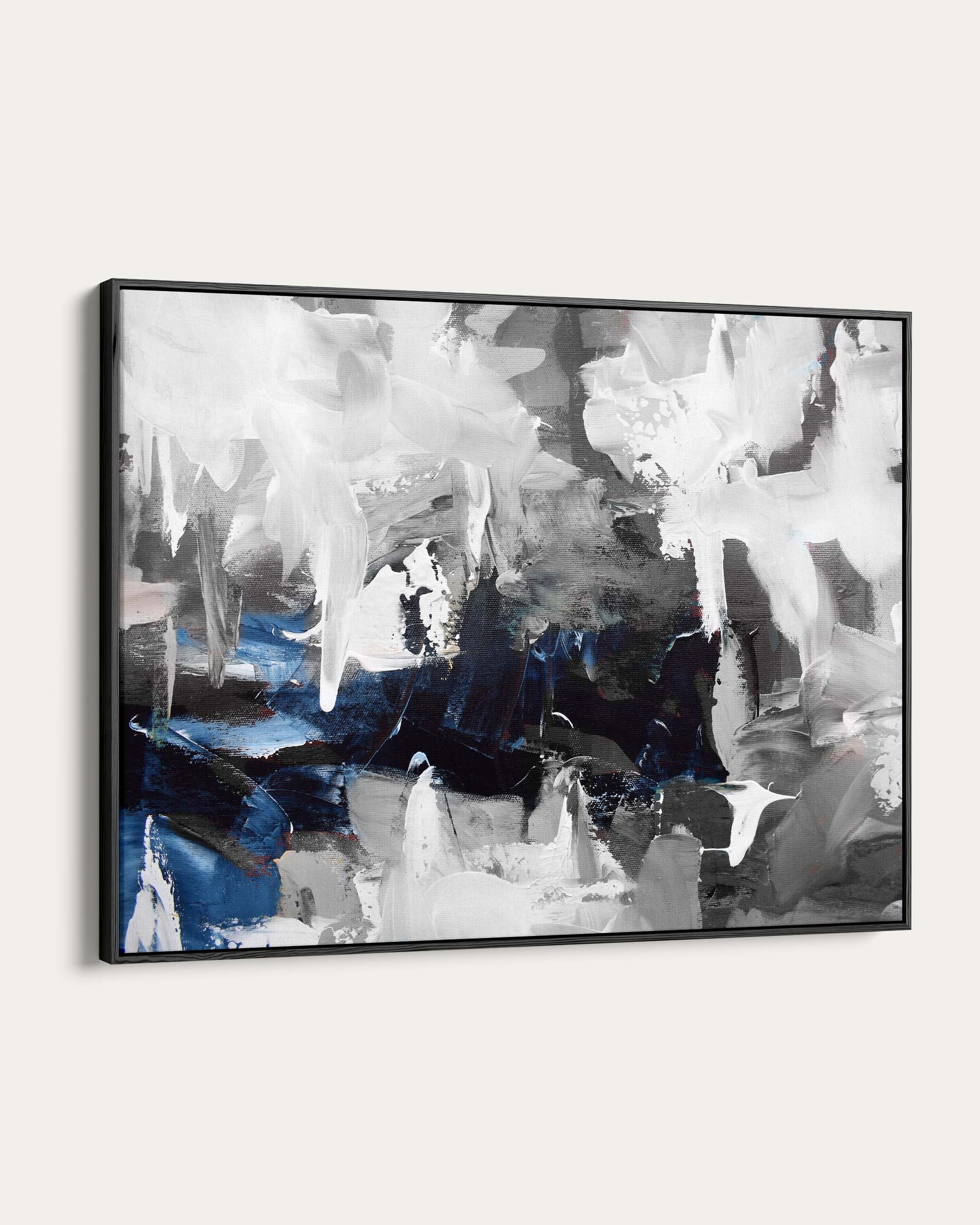 Abstract art painting with blue and black strokes on a white background