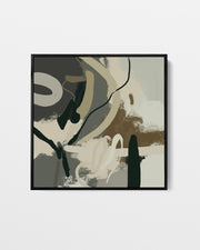 Abstract art print with black, white, and brown colors on a light gray background