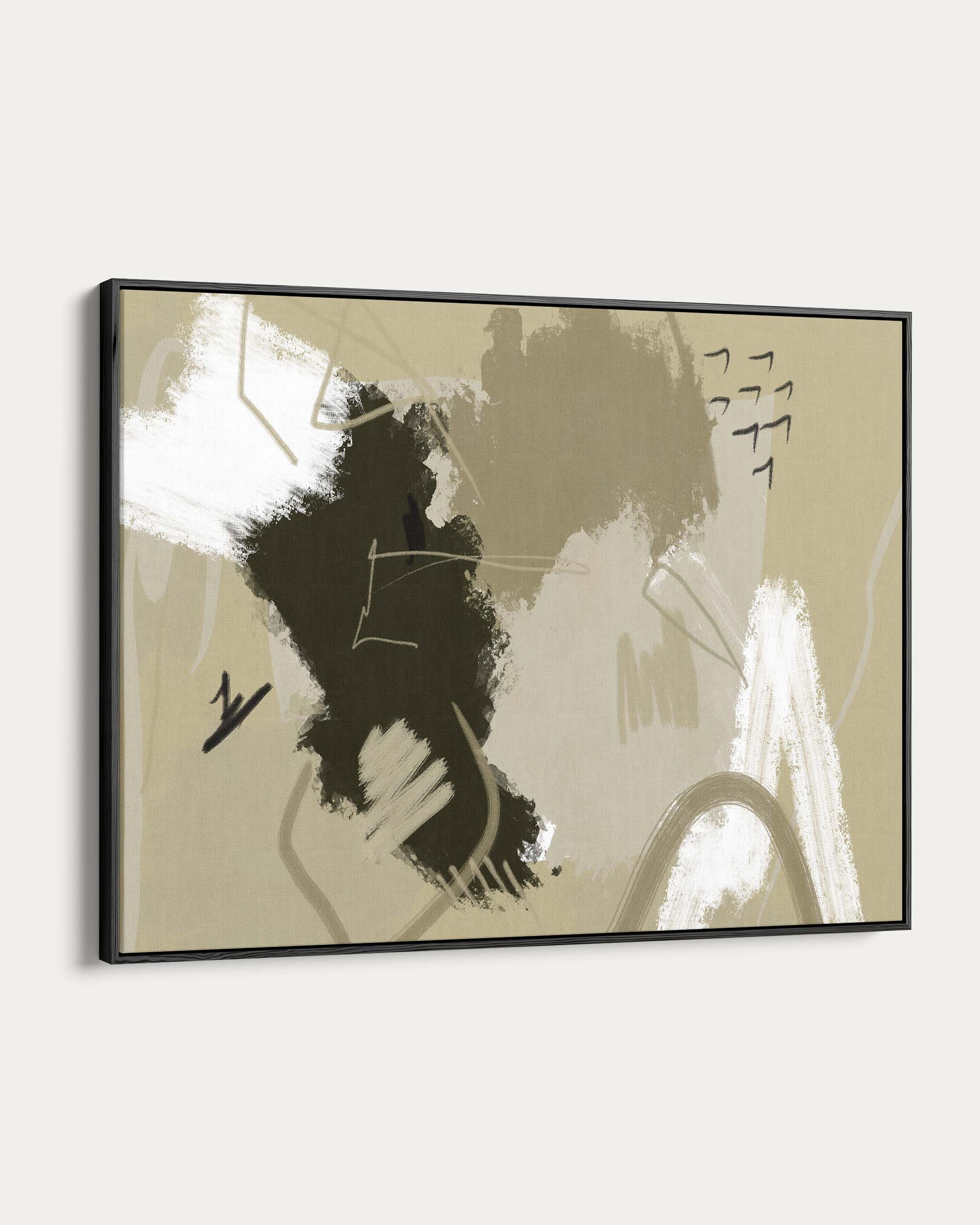 Abstract art piece with black and white brush strokes on a beige background