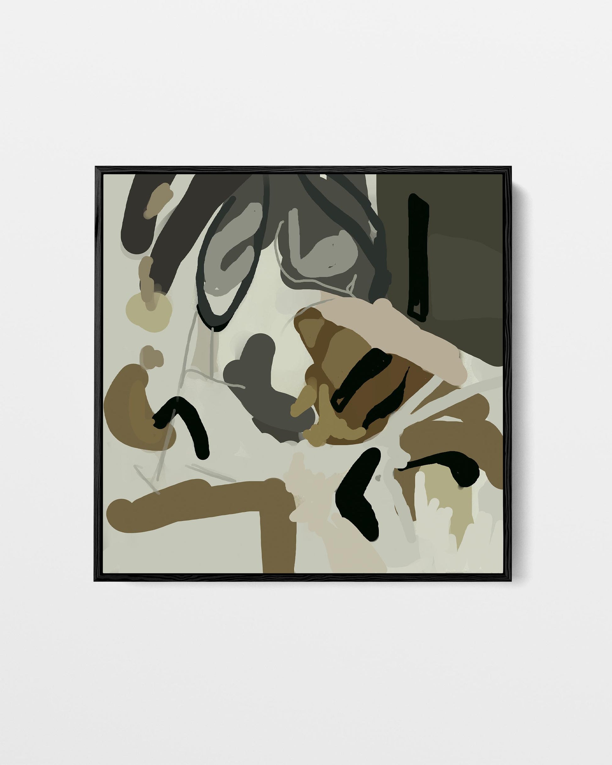 Framed abstract artwork with brown, black, and beige tones on a white background