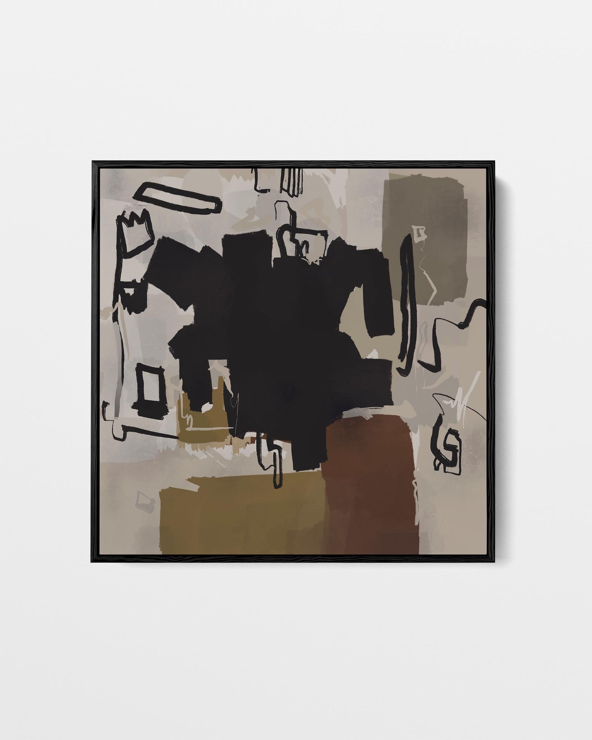 Abstract art print with black, brown, and gray shapes on a beige background