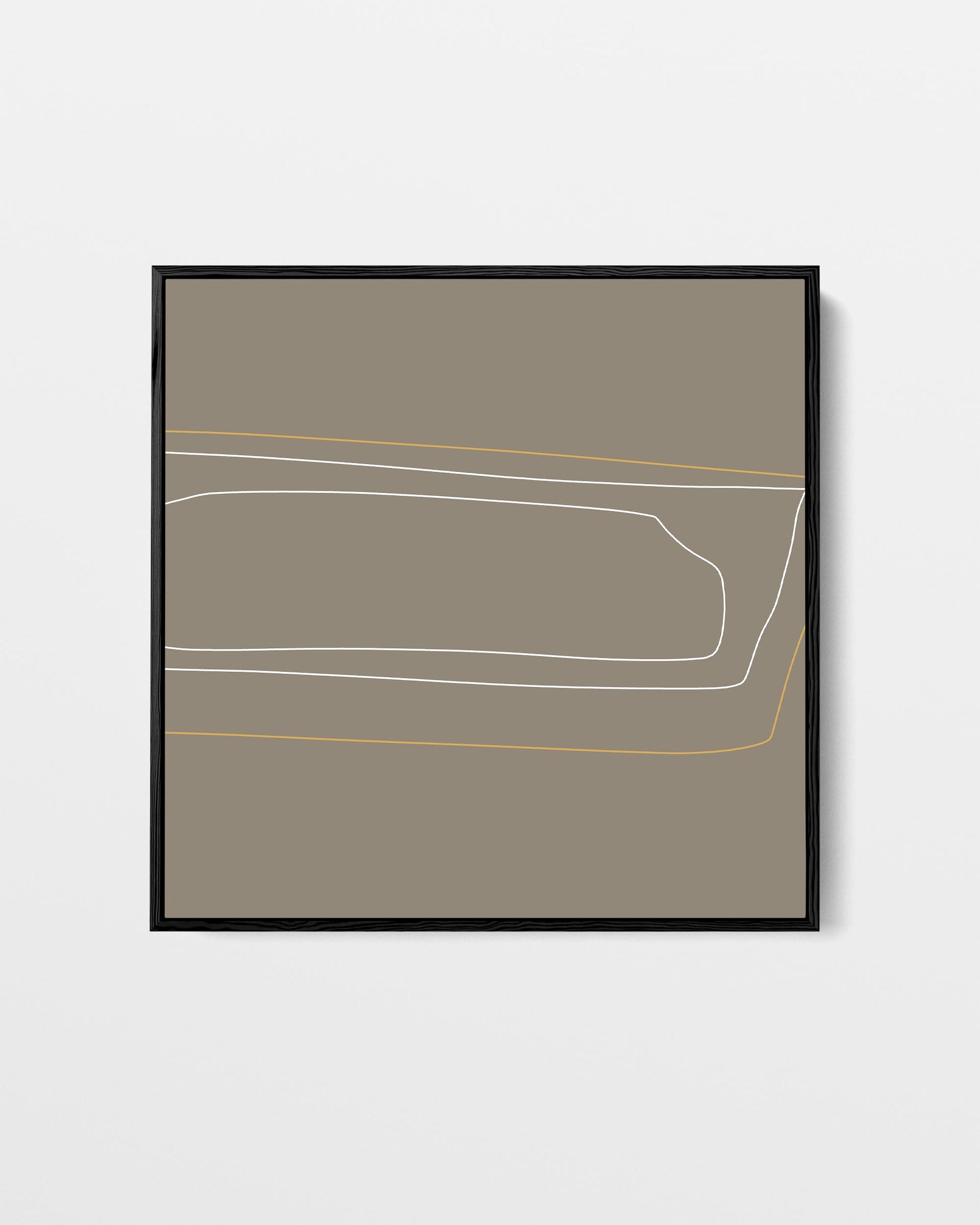 Framed abstract art print with geometric lines on a beige background