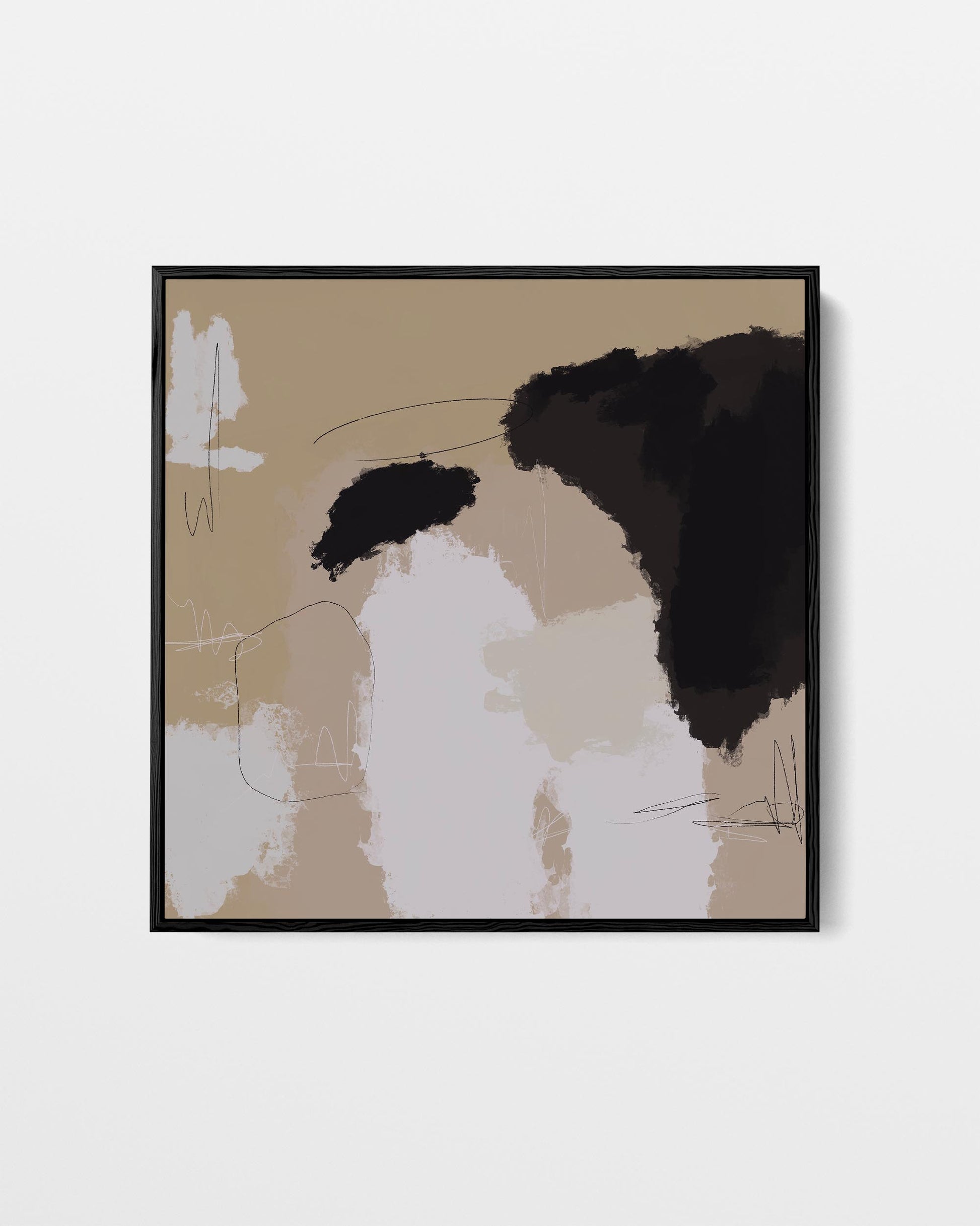 Abstract art print with black, white, and beige colors on a beige background