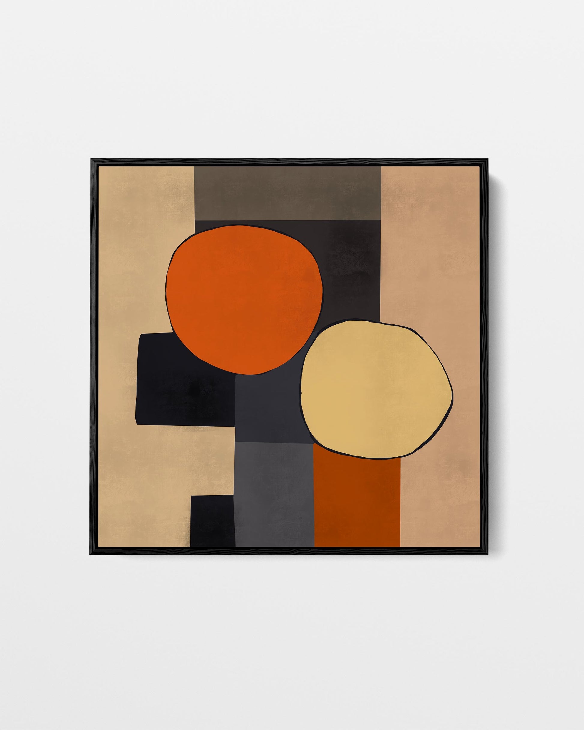 Abstract art print with orange and yellow circles on a beige background