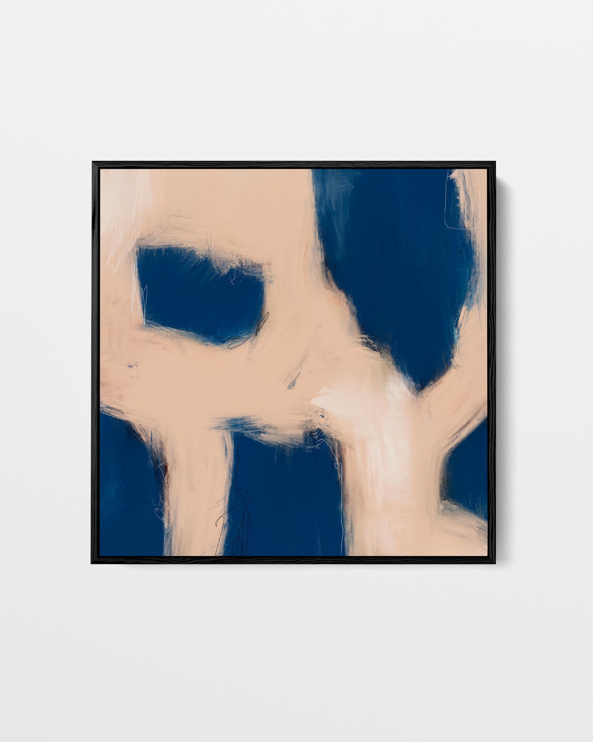 Abstract art print with blue and beige colors on a white background