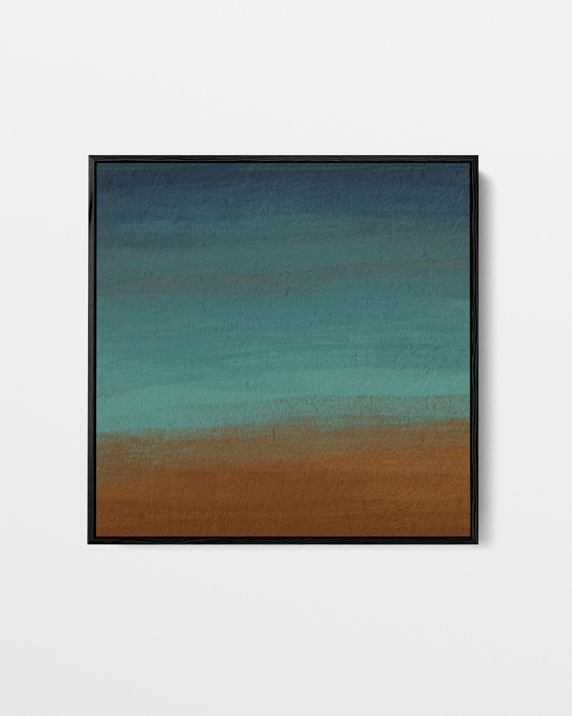 Abstract art print with a gradient from blue to brown in a black frame on a white background