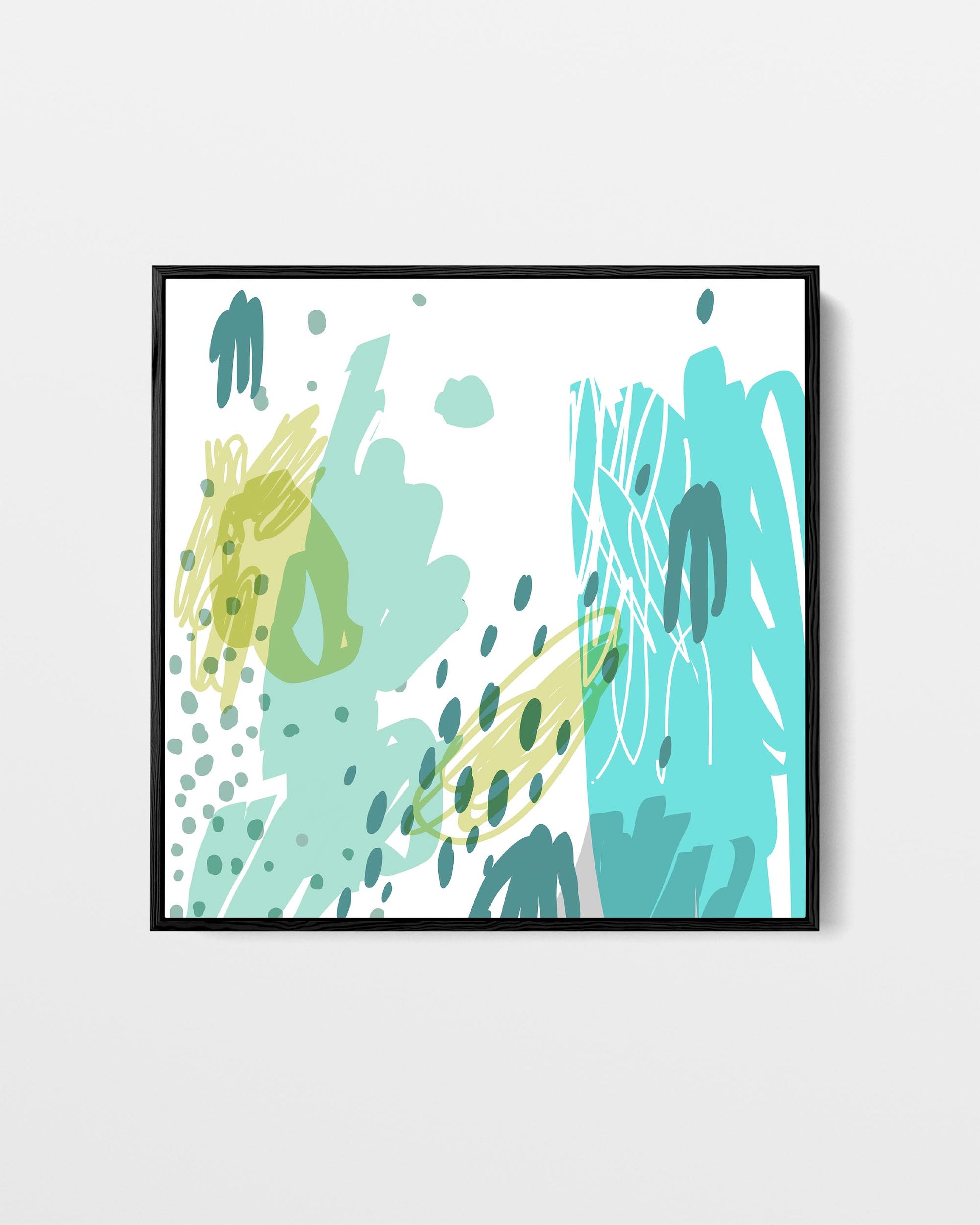 Framed abstract art print with green and blue abstract shapes on a white background