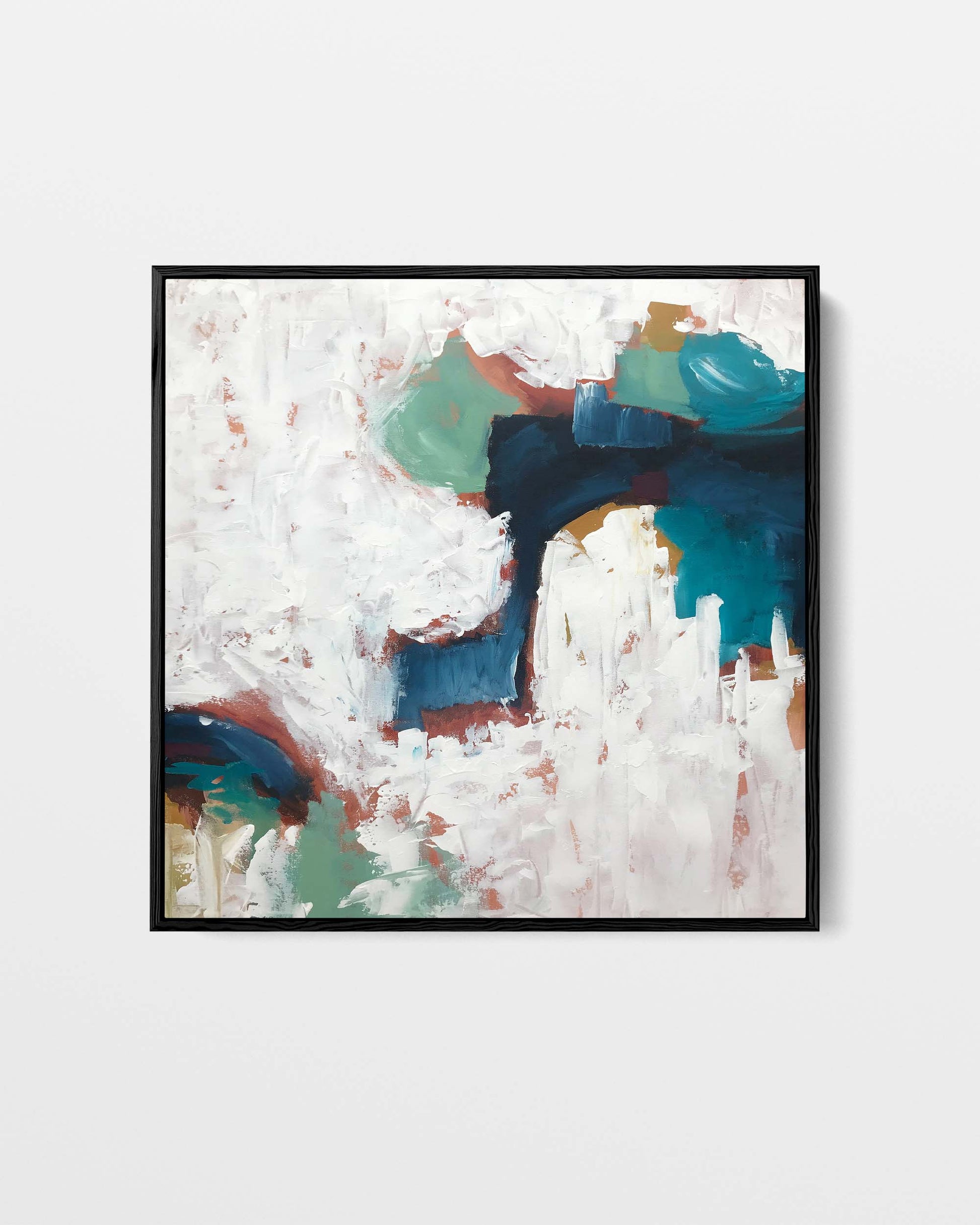 Abstract art print with blue, green, and white colors on a light gray background