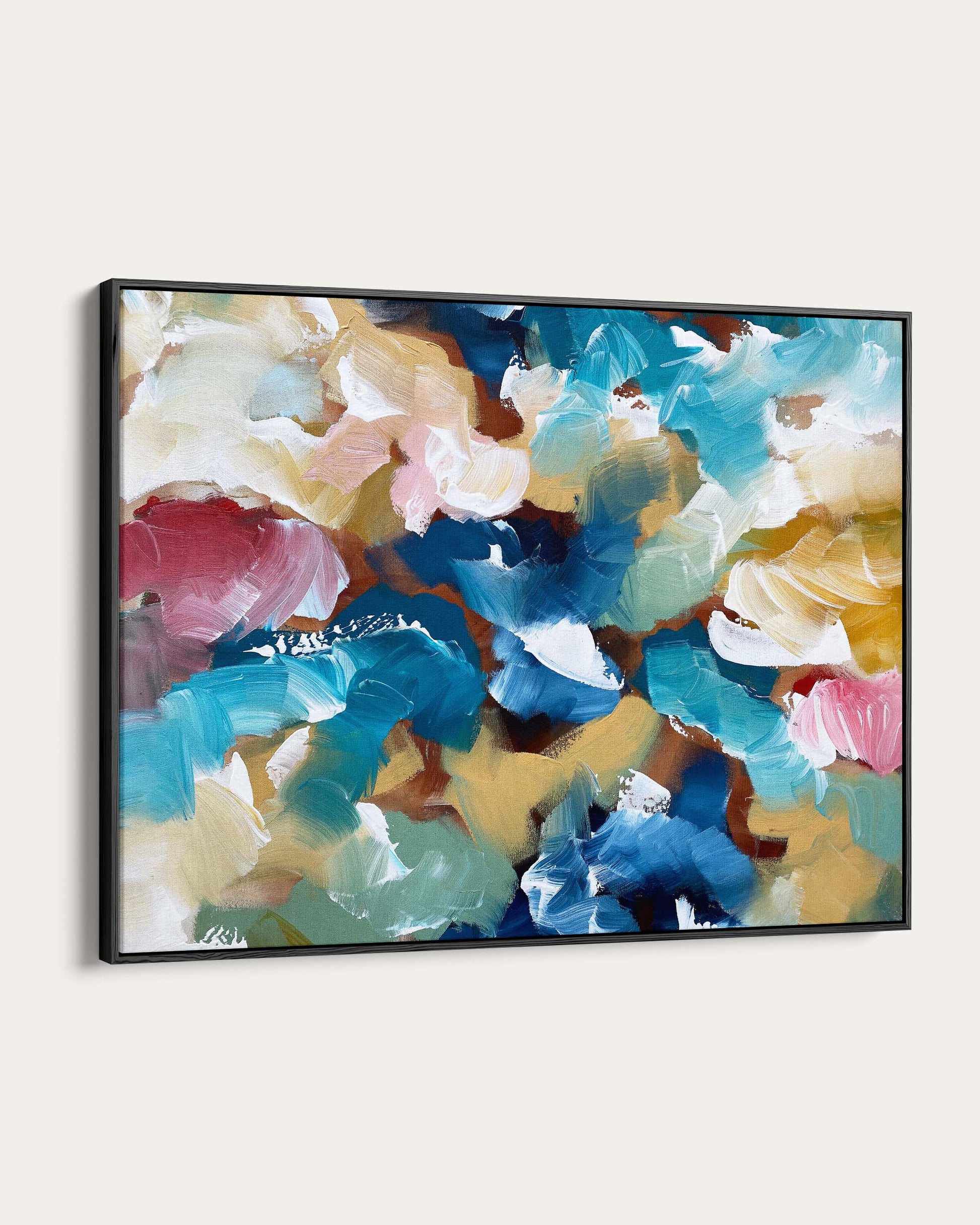 Abstract painting with colorful brush strokes on a white wall