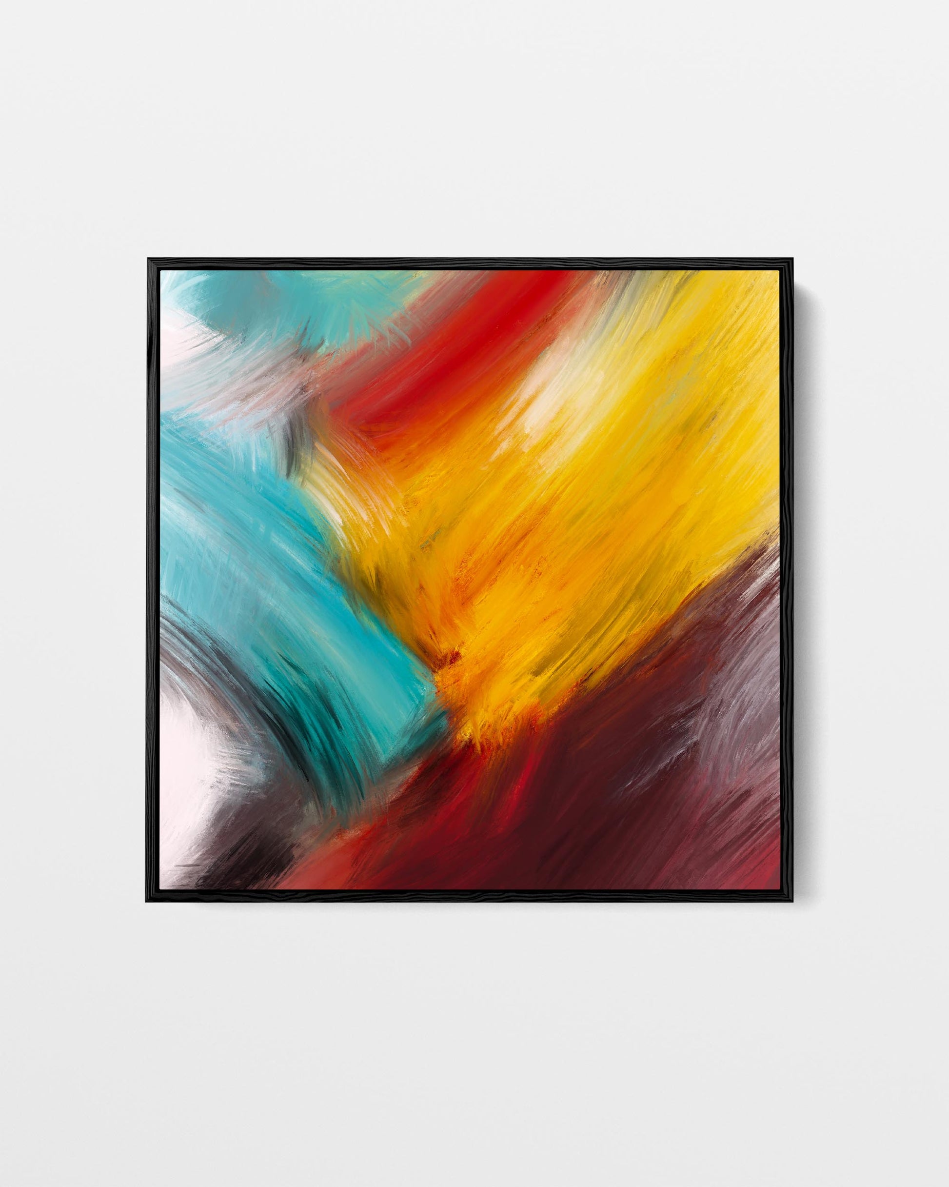 Abstract painting with vibrant colors in a black frame on a white background