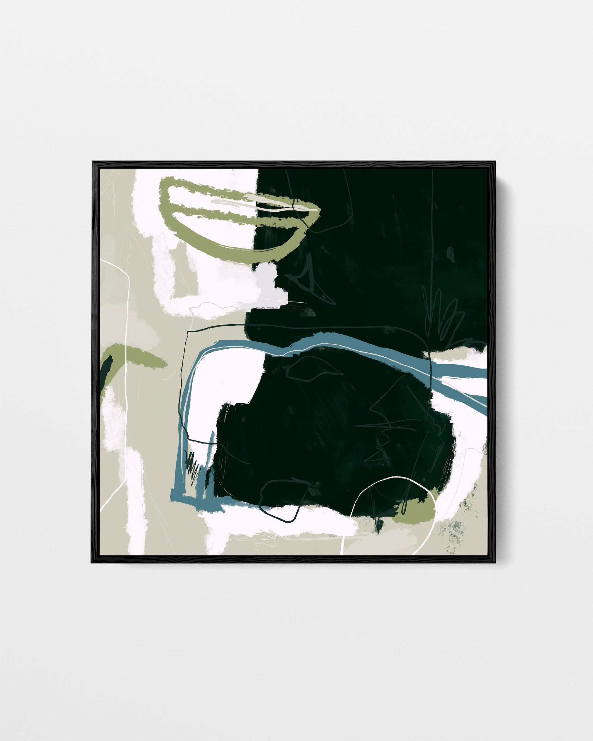 Abstract art print with black, green, and blue shapes on a light gray background
