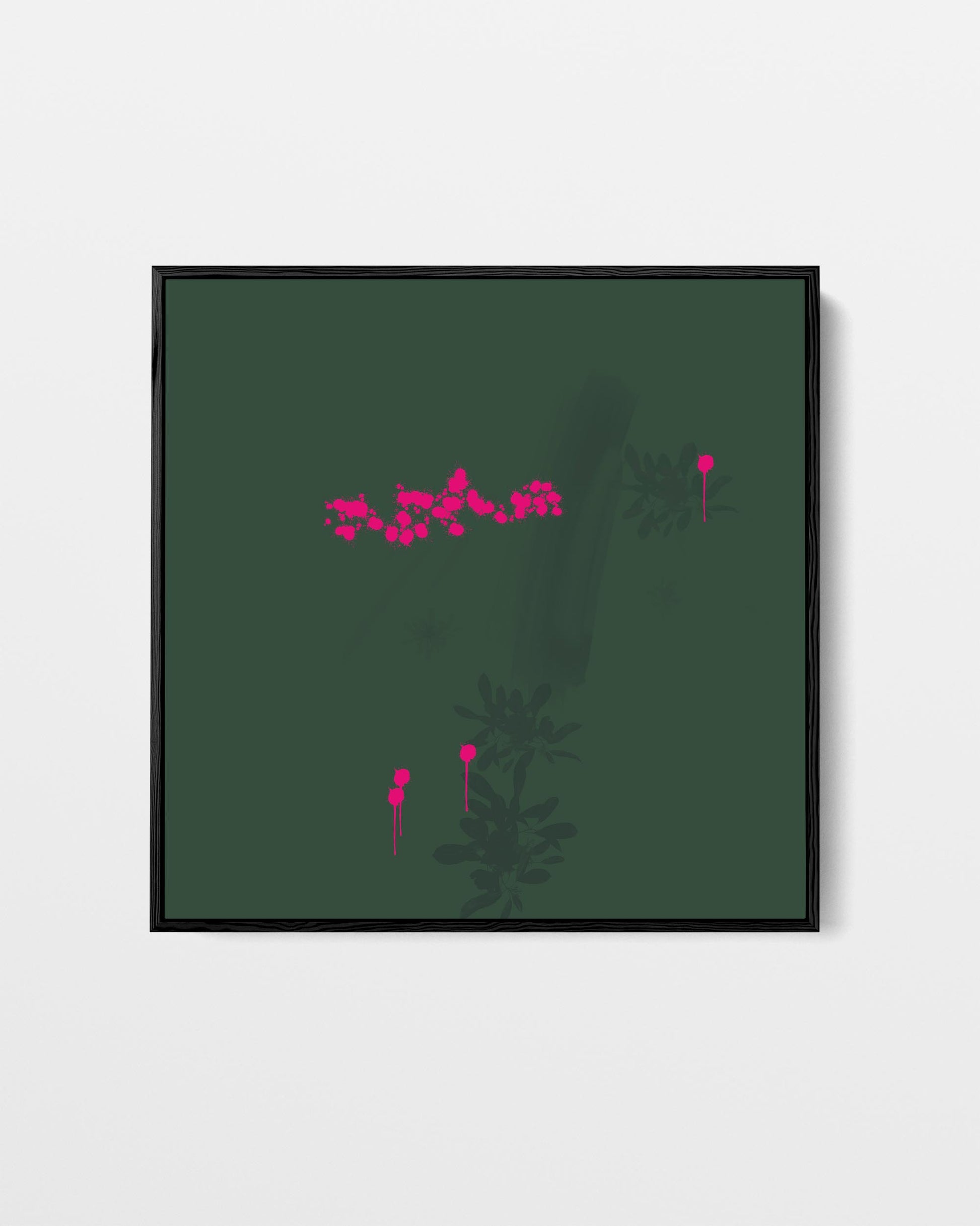 Framed artwork with pink abstract design on a green background