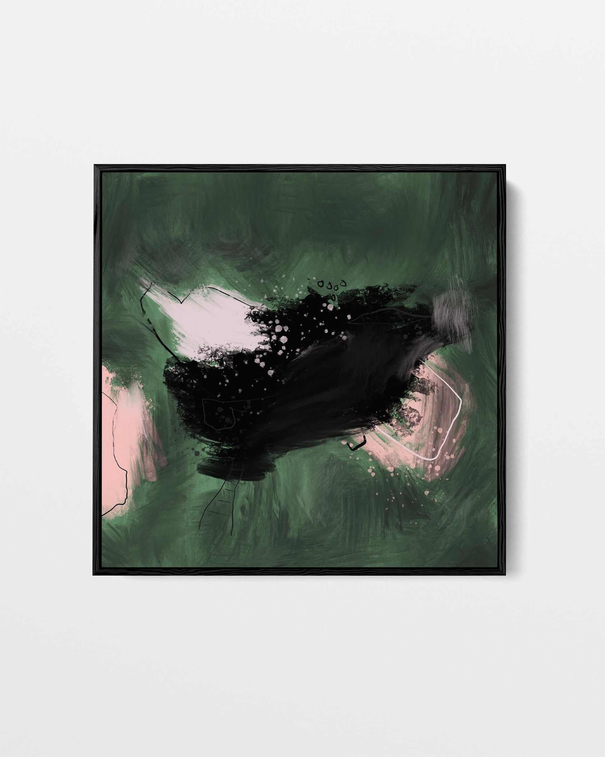 Abstract art print with green, black, and pink colors on a white background